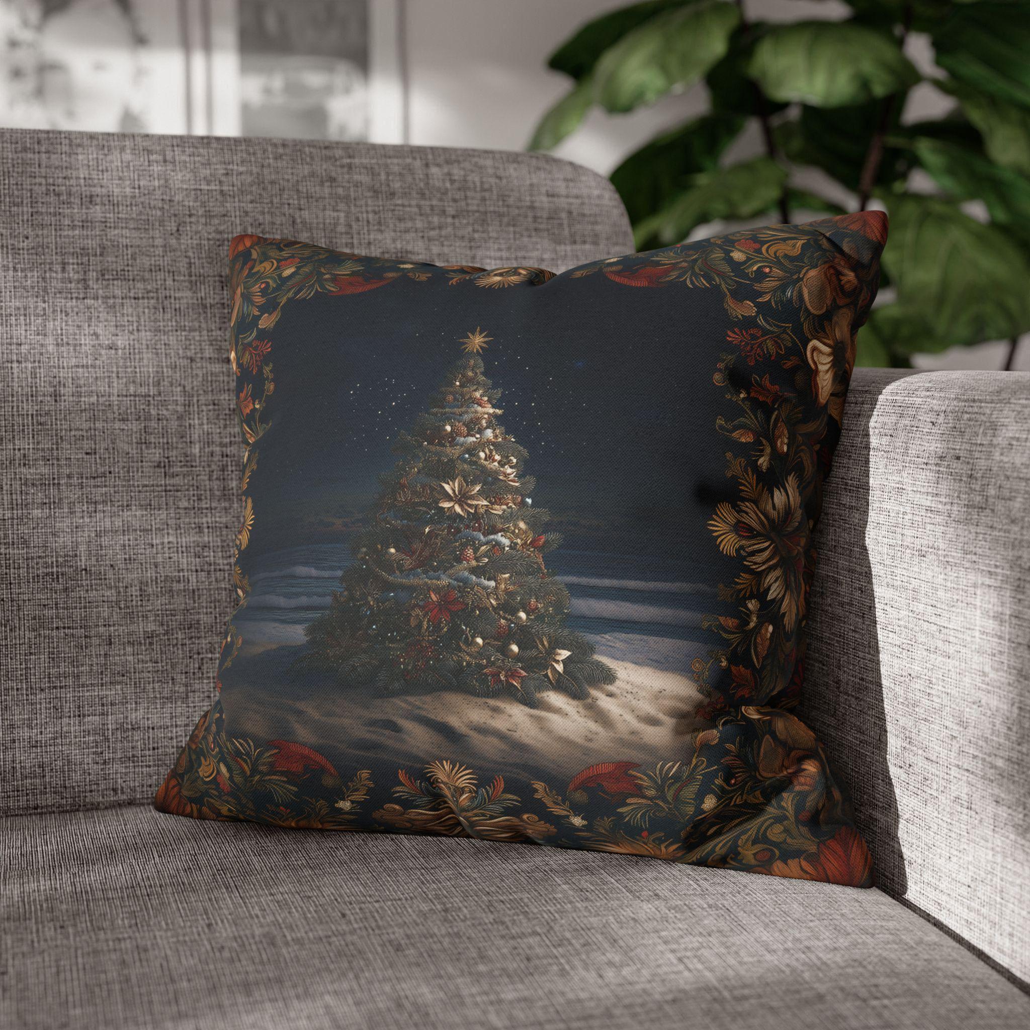Coastal Christmas Pillow Cover: Tropical William Morris Tree, Red Gold Blue