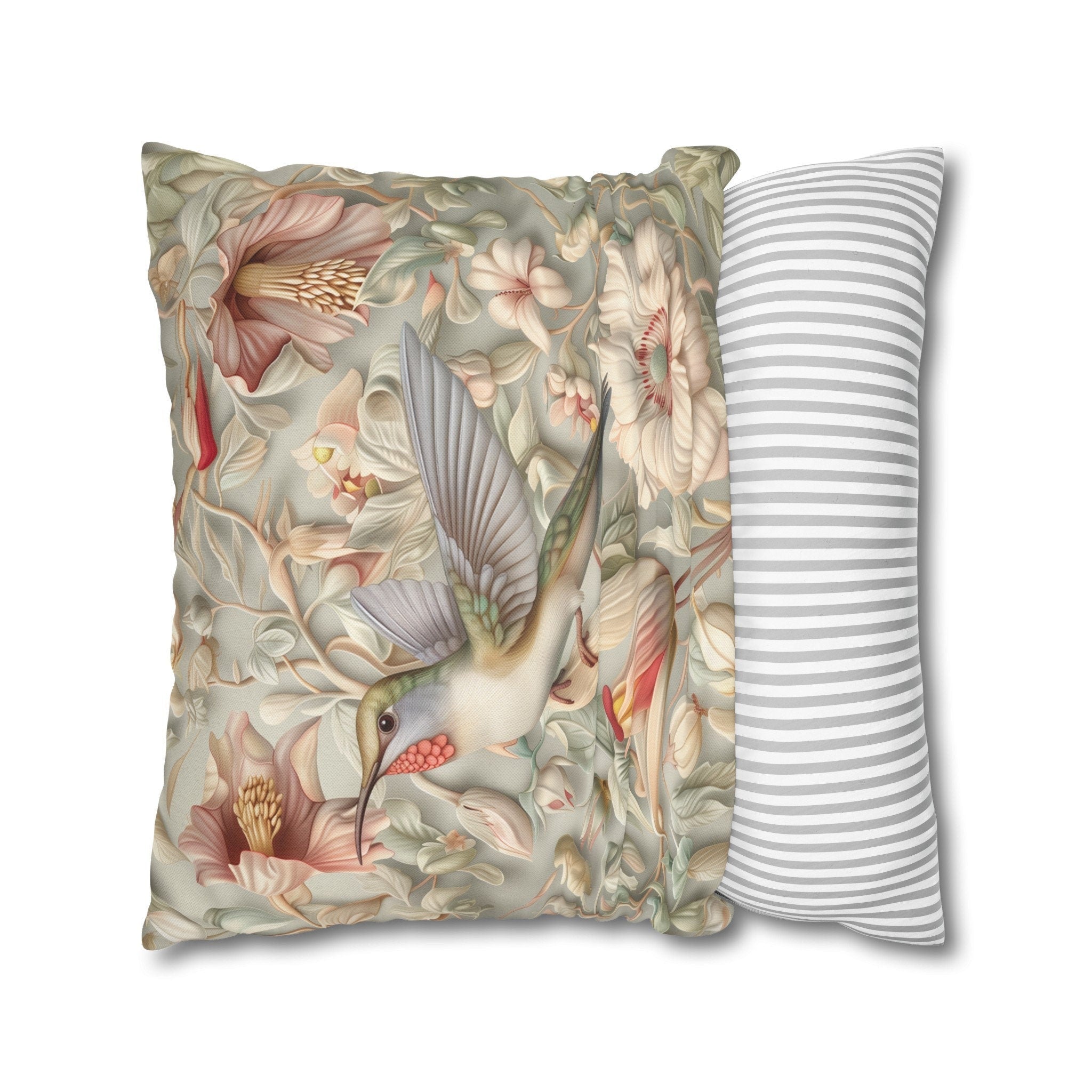 William Morris Hummingbird Pillow Cover: Vintage Style Floral Art, Pastel Green