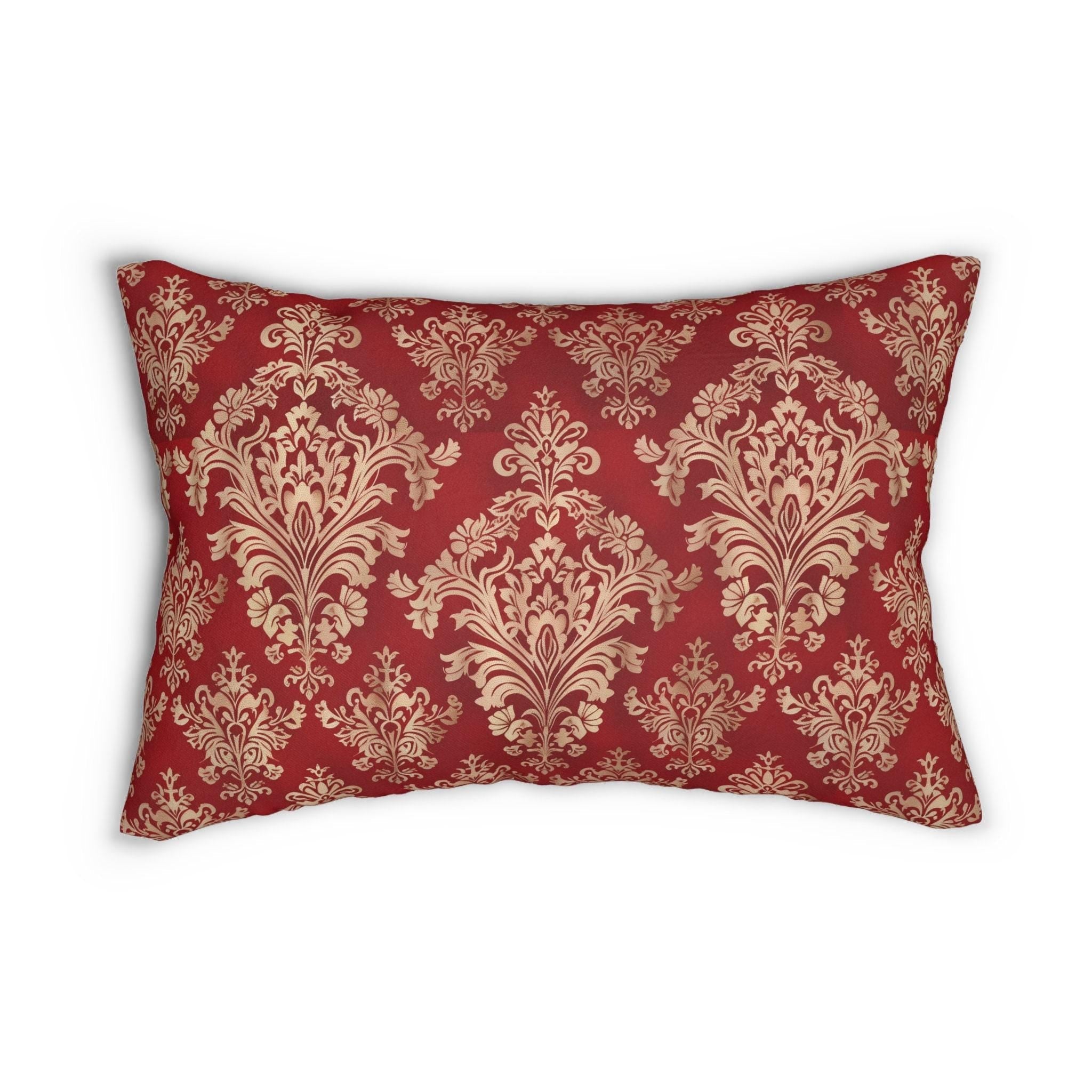 Elegant Gold Damask Lumbar Pillow | Red Decorative Cushion for Luxurious Home Decor