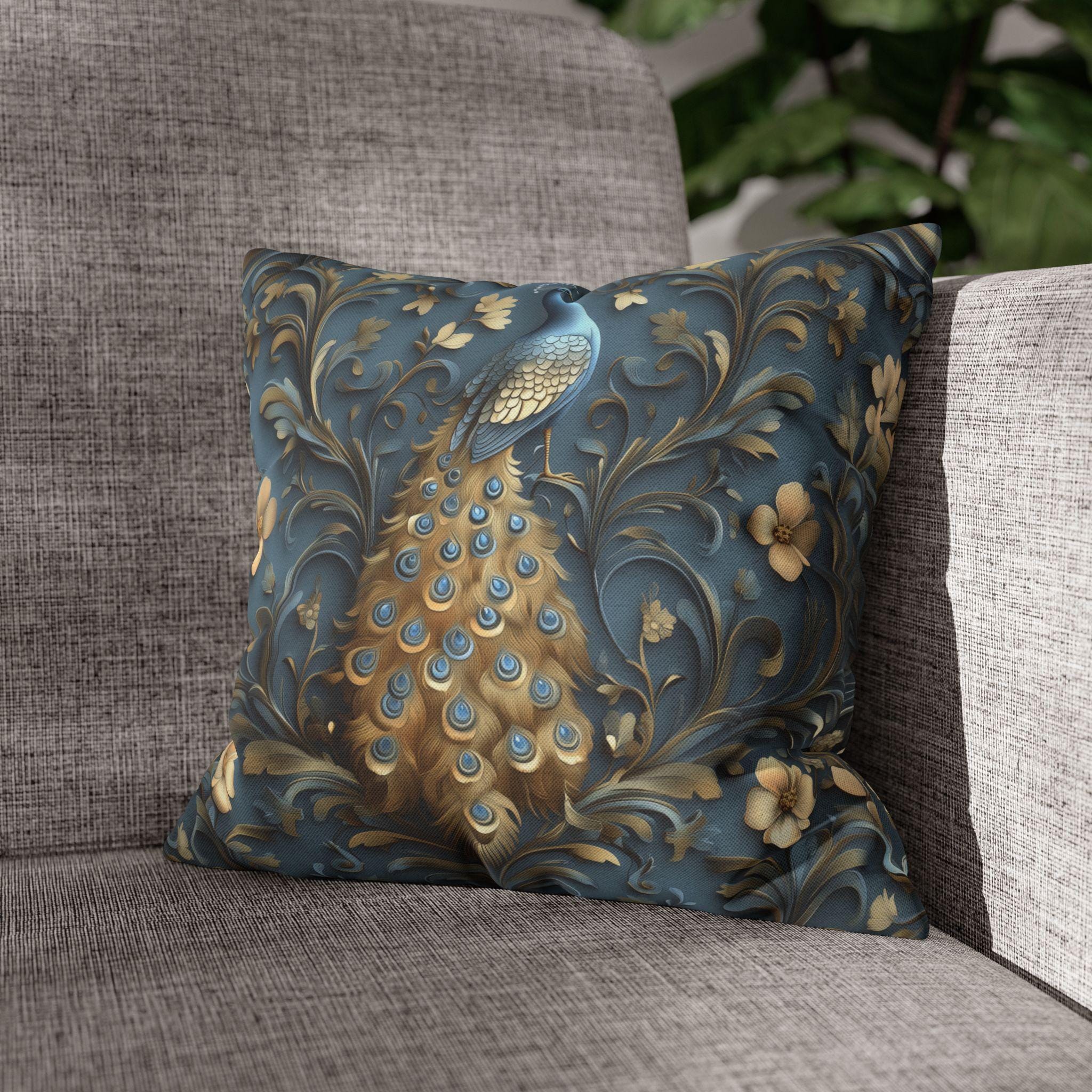 Elegant William Morris Peacock Pillow Cover: Vintage Arts and Crafts Blue Gold Bird Cushion