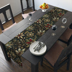 Emerald Green Holiday Table Runner: Gold Snowflakes, Red Poinsettias