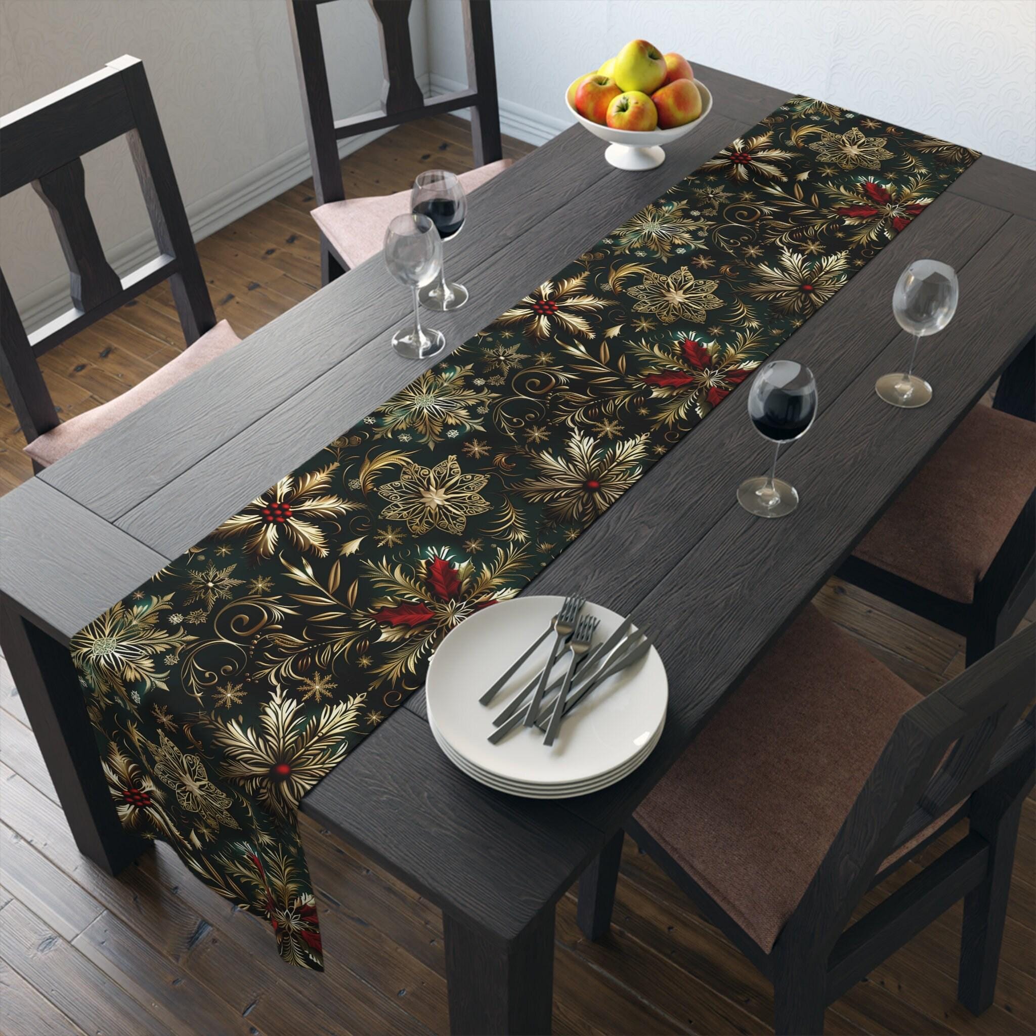 Emerald Green Holiday Table Runner: Gold Snowflakes, Red Poinsettias