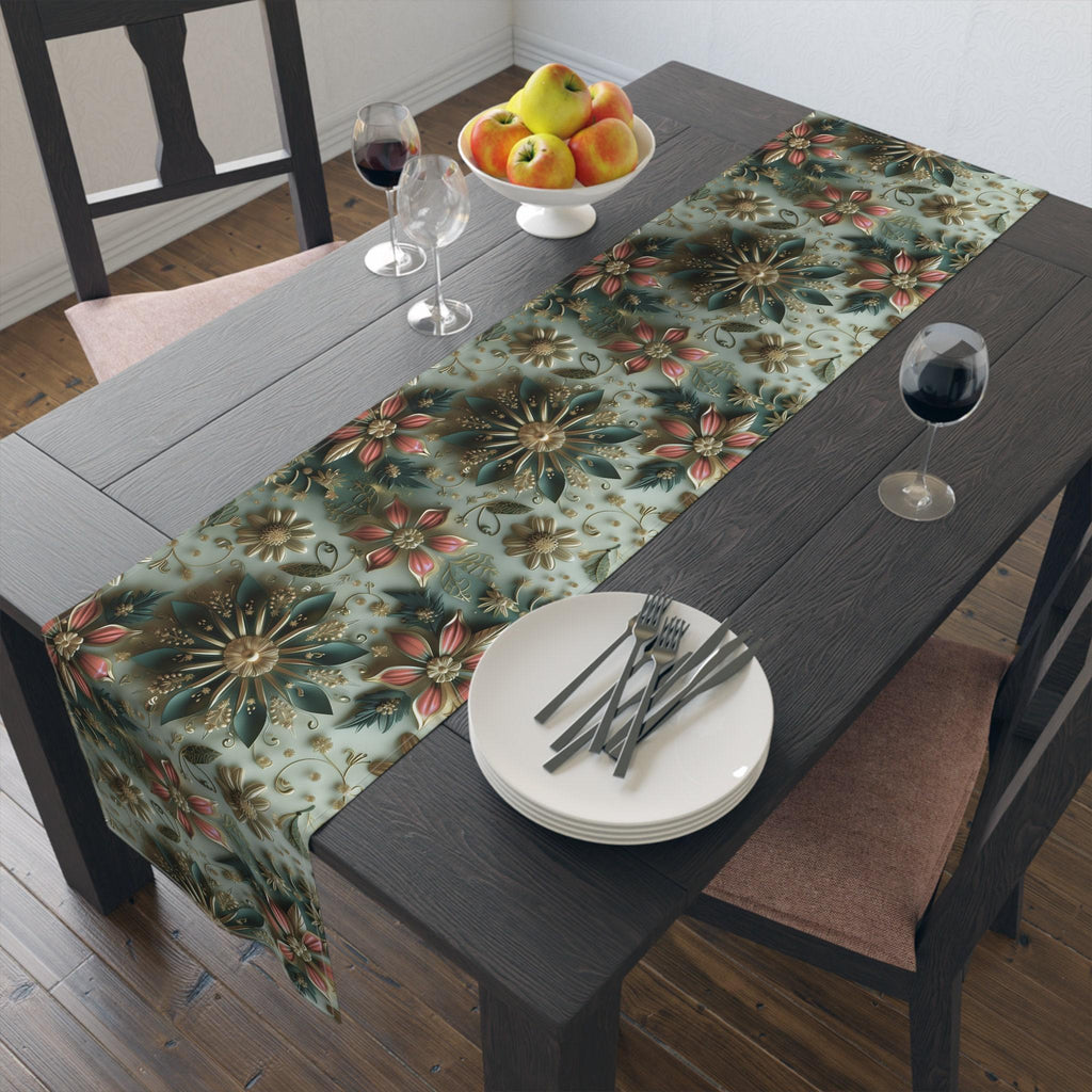 Elegant Christmas Table Runner: Snowflake & Poinsettia Holiday Decor
