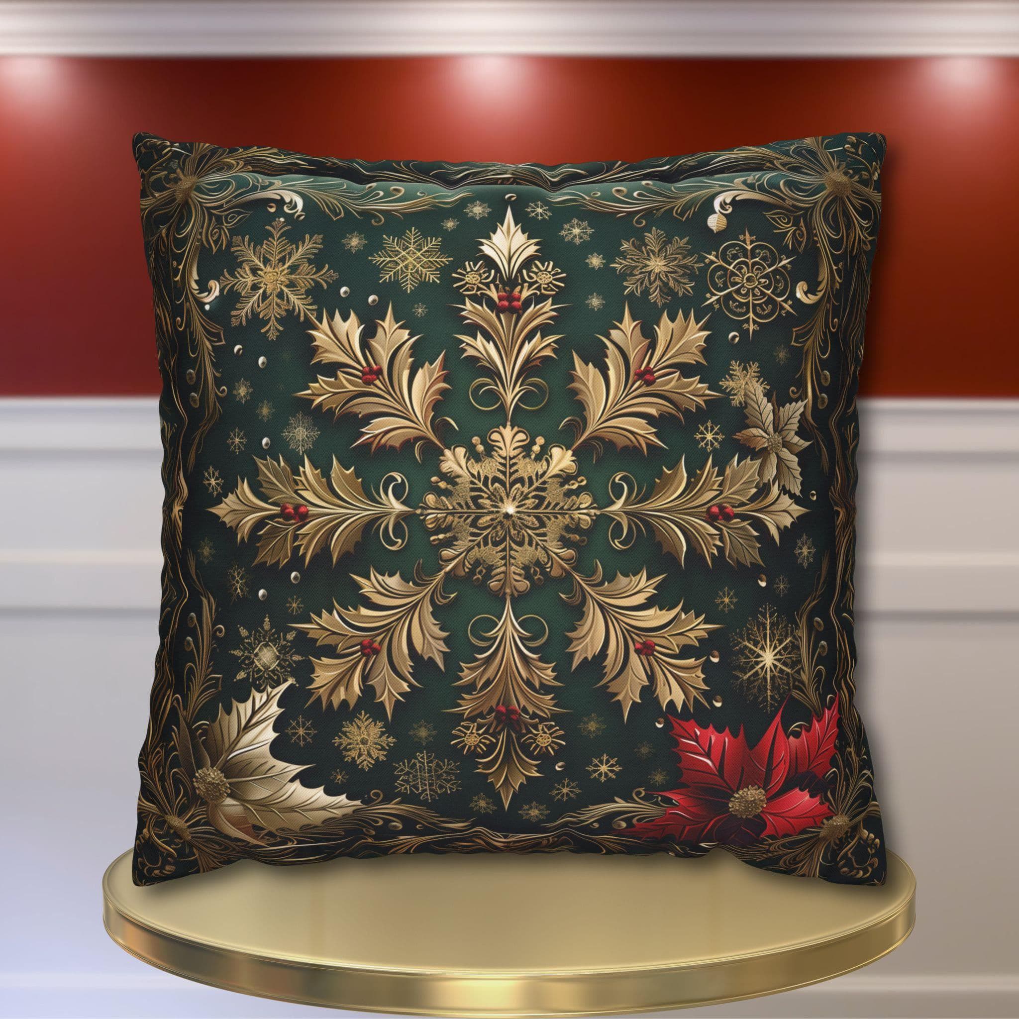 Gold Snowflake Poinsettia Pillow Cover, Emerald Green Holiday Decor