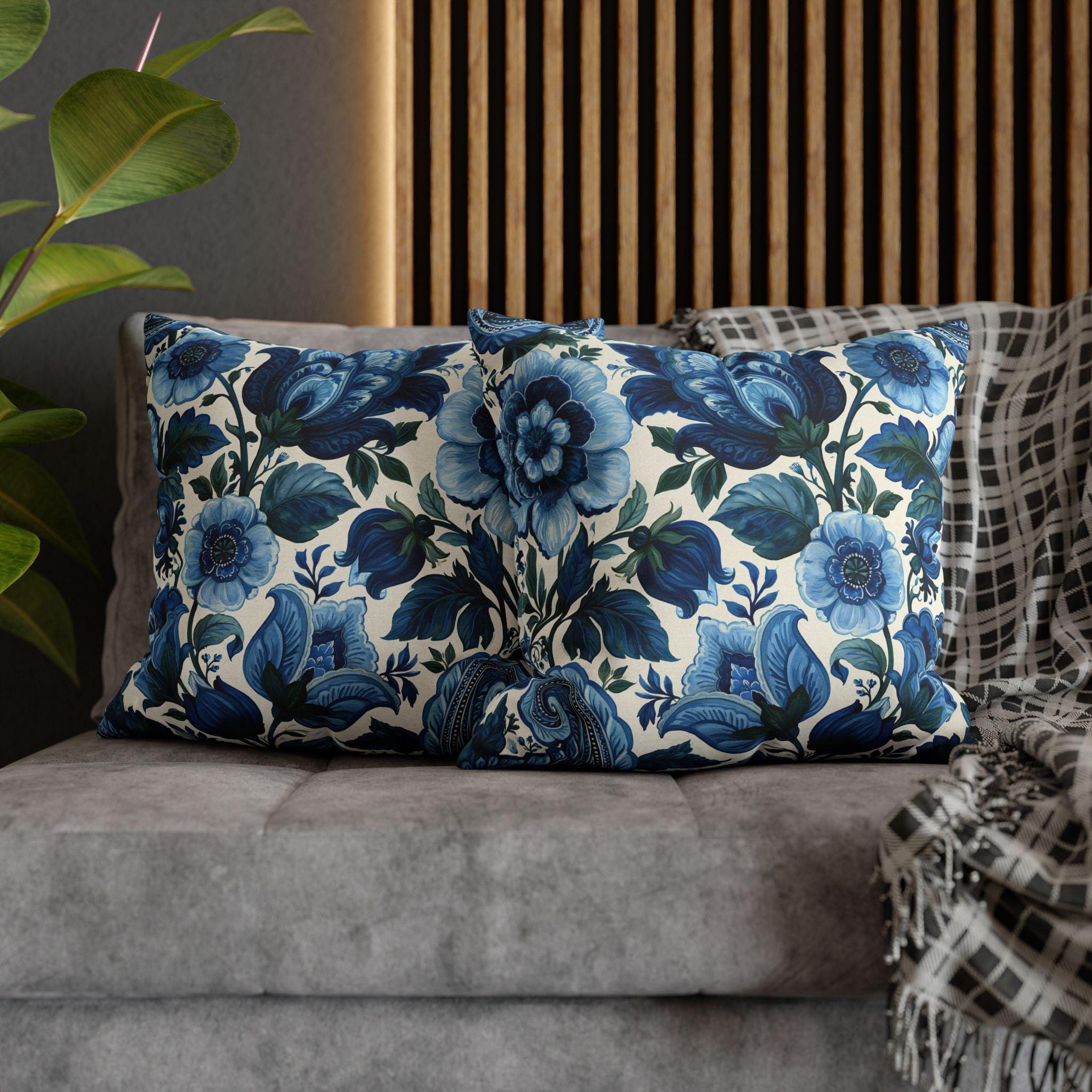 Blue and White Botanical Pillow Cover: Stylized Floral Vine Design