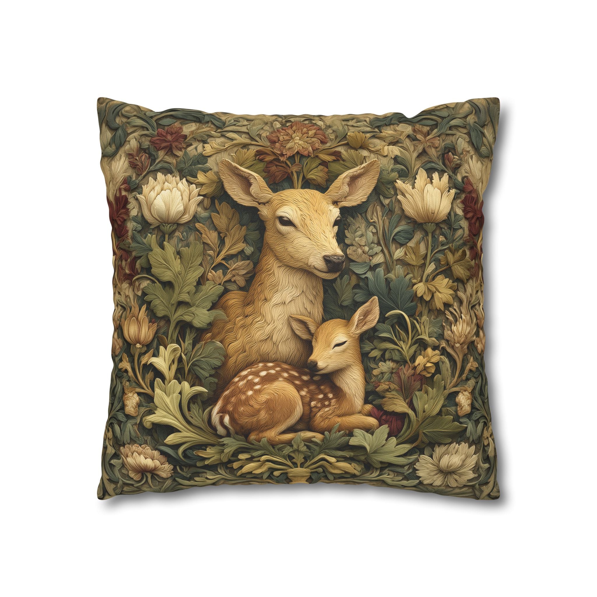 William Morris Inspired Pillow Cover:   Woodland Botanical Doe and Fawn