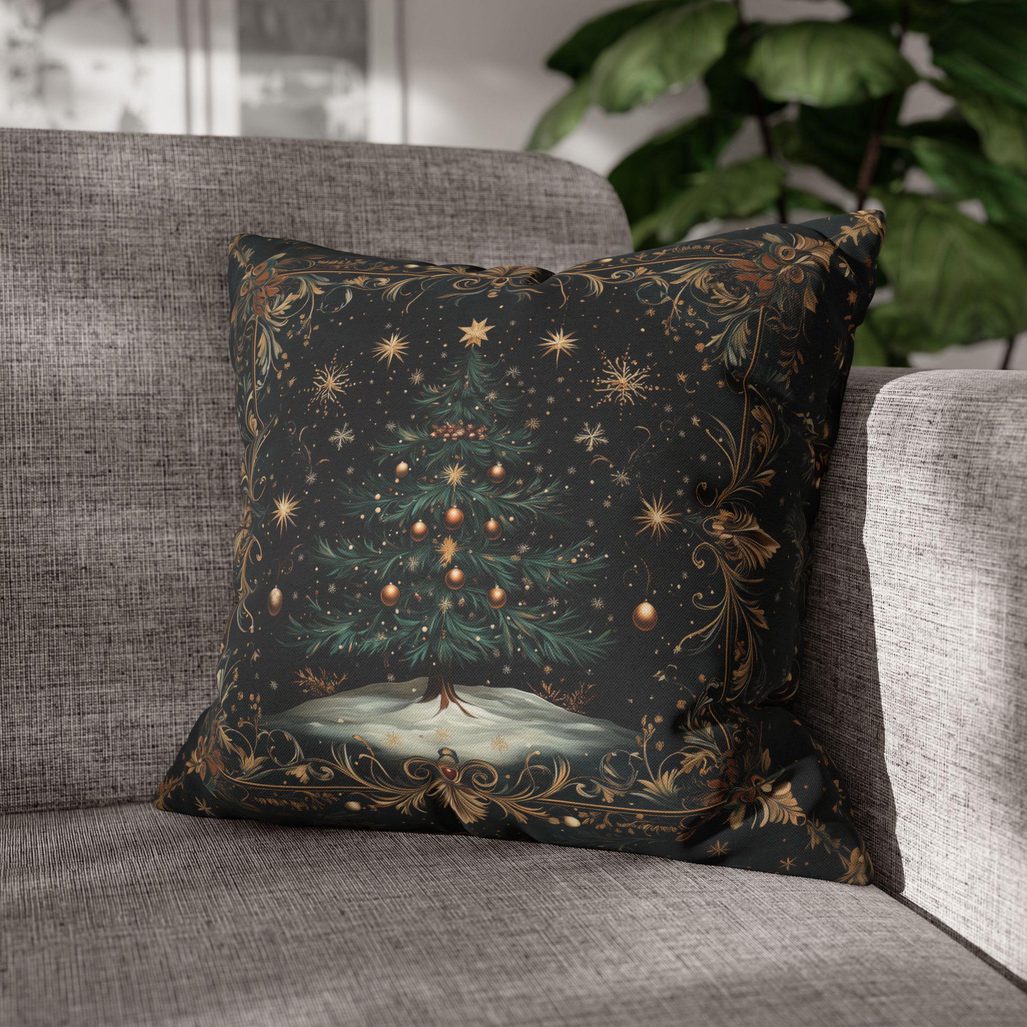 Victorian Christmas Tree Pillow Cover: Gold Filigree & Midnight Black Holiday Decor