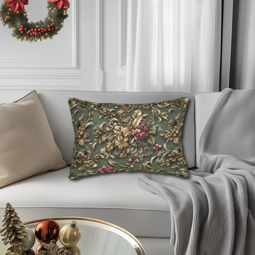 William Morris Inspired Holly & Poinsettia Christmas Lumbar Pillow: Deep Pine Sage, Brassy  Gold, Cranberry