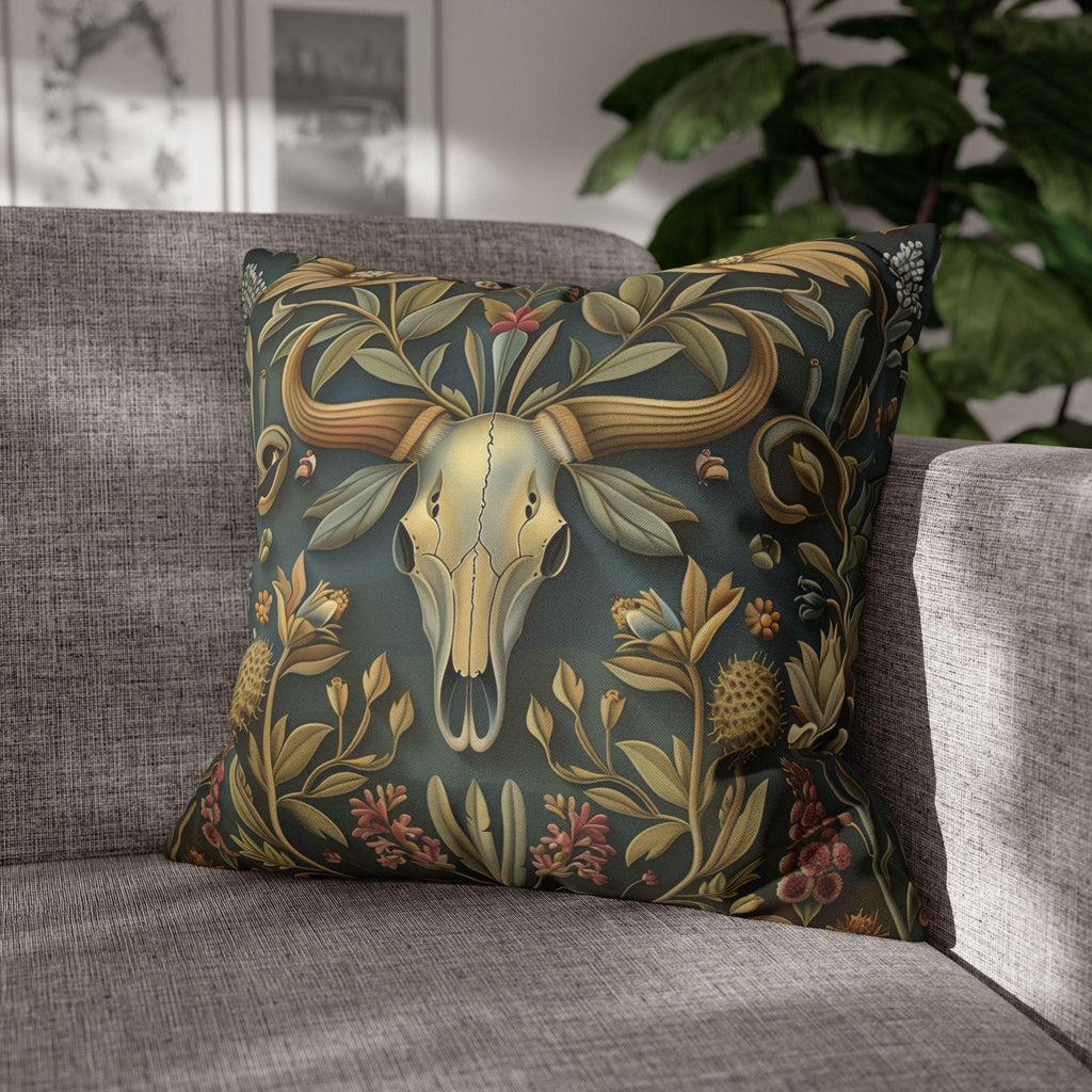 Longhorn Skull Floral Pillow Cover: Western Arts & Crafts Decor with Morris-Inspired Southwest Design
