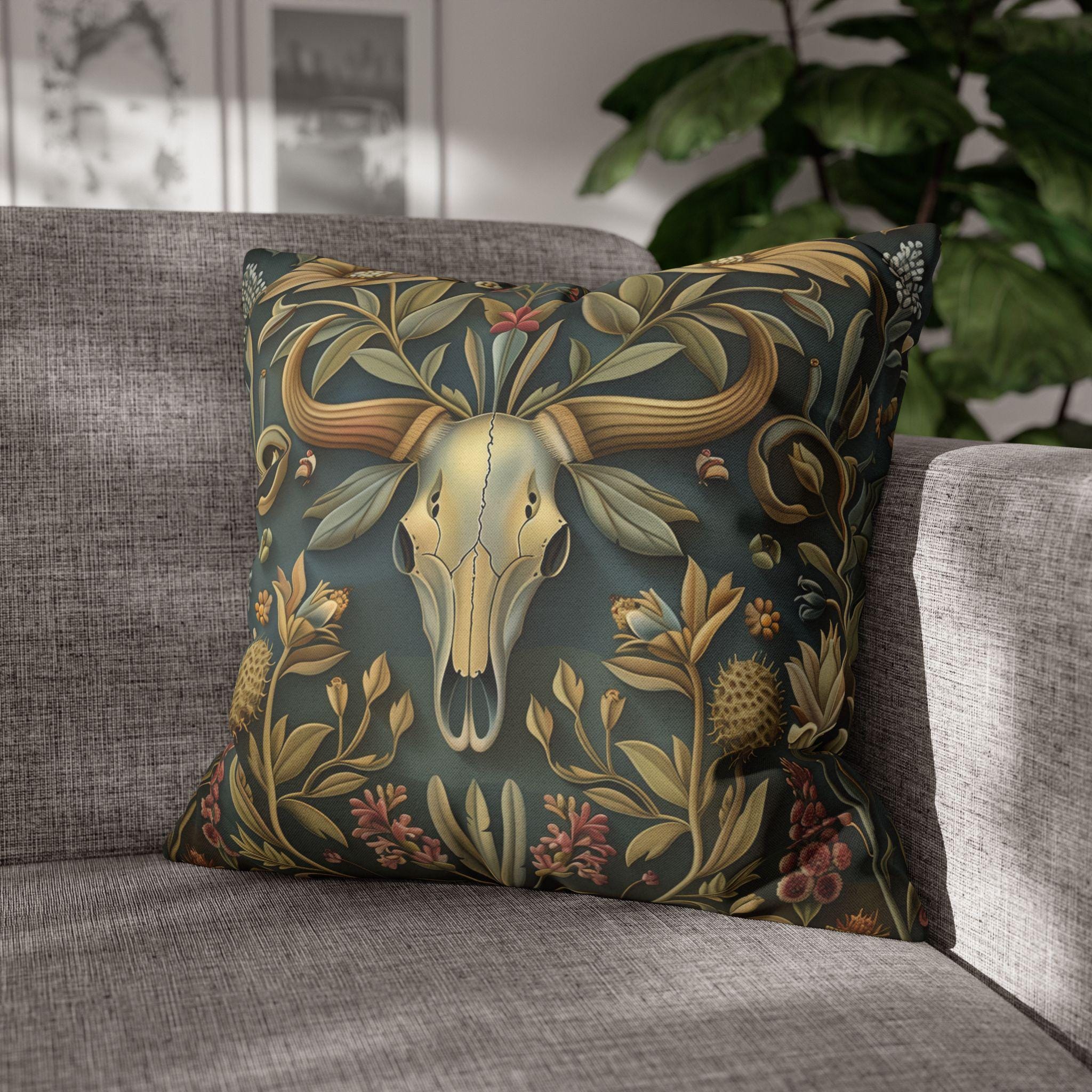 Longhorn Skull Floral Pillow Cover: Western Arts & Crafts Decor with Morris-Inspired Southwest Design