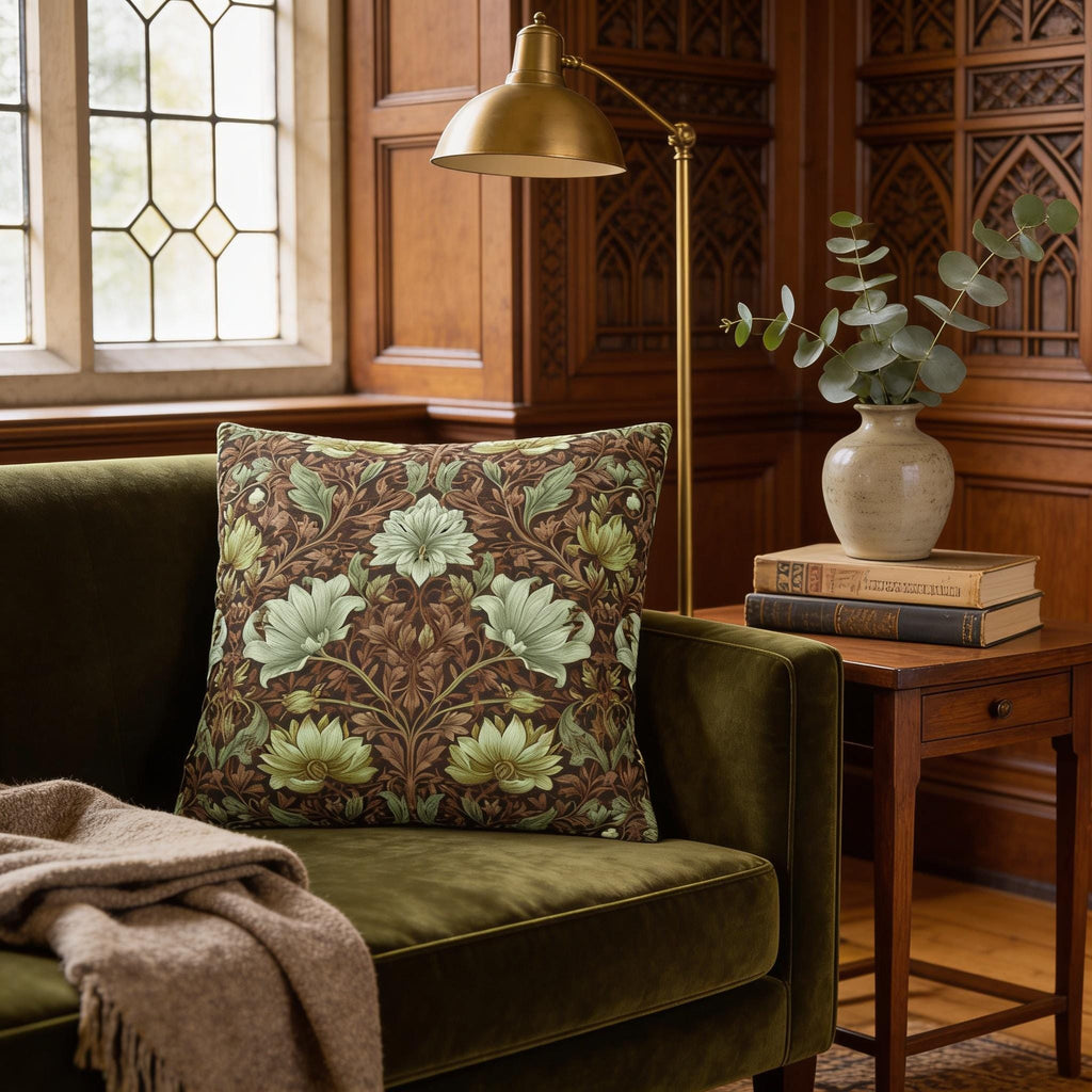 William Morris Style Pillow Cover: Maroon, Sage and Cream Botanical Floral