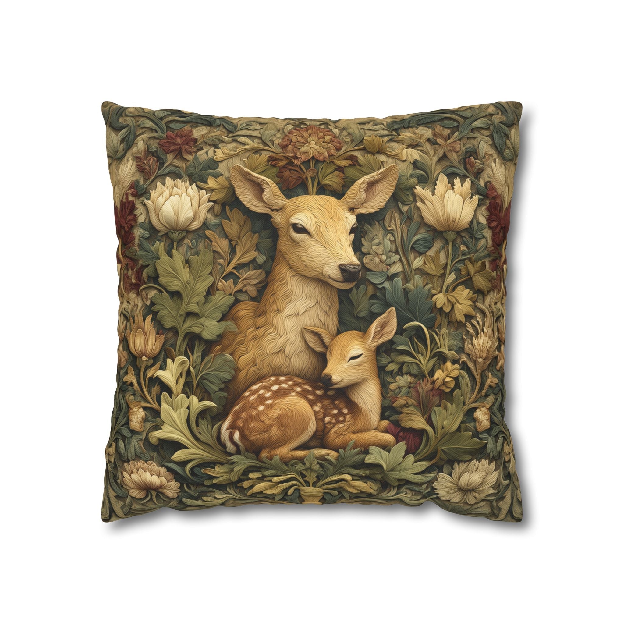 William Morris Inspired Pillow Cover:   Woodland Botanical Doe and Fawn