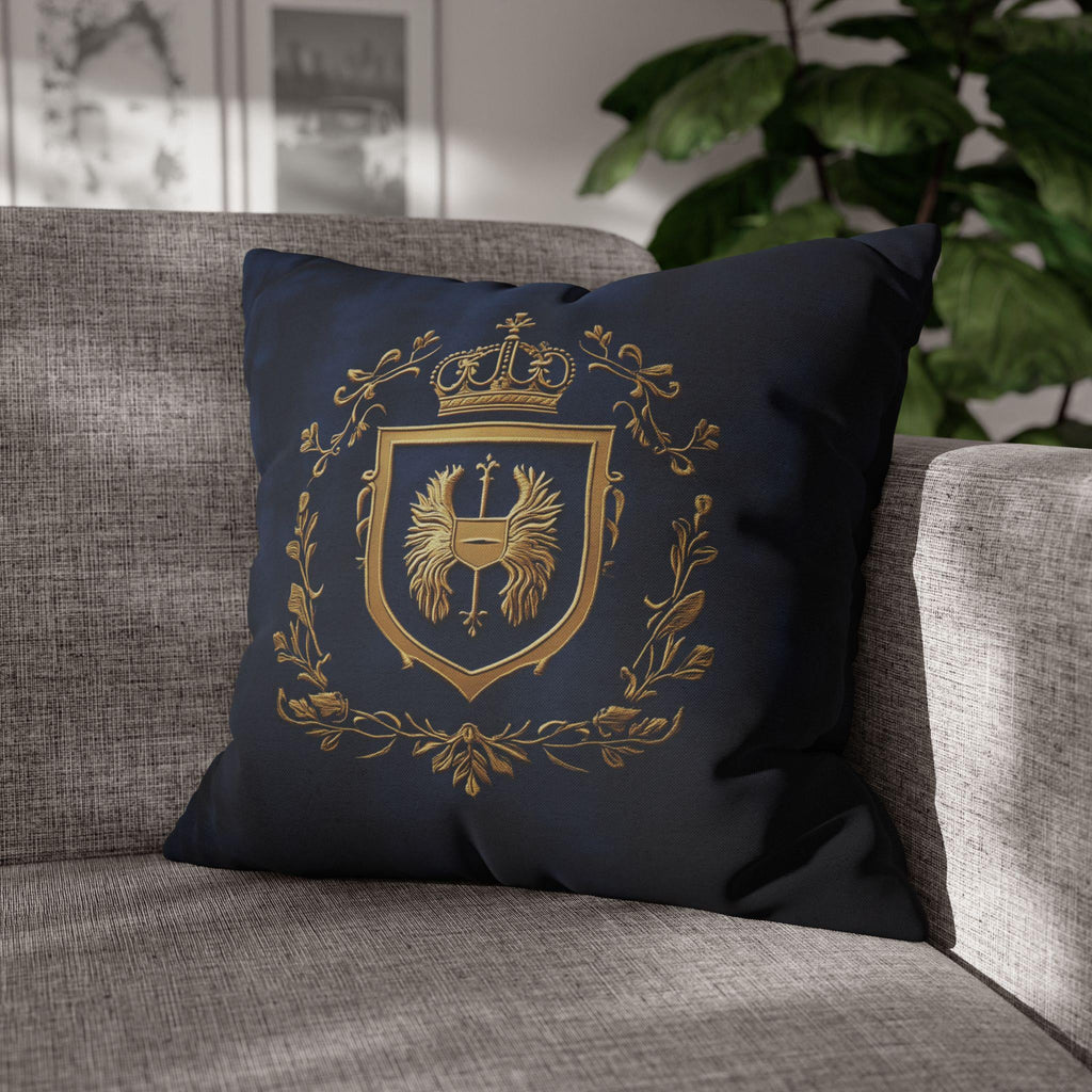 Regal Golden Emblem Navy Blue Pillow Cover: Elegant Home Decor