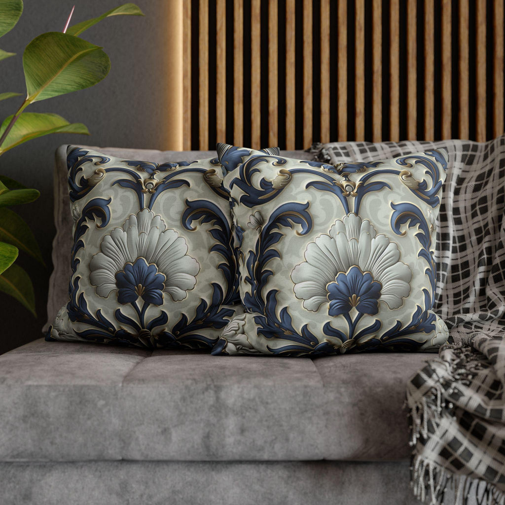 French Country Floral Pillow Cover, Blue White Gold Vintage Design