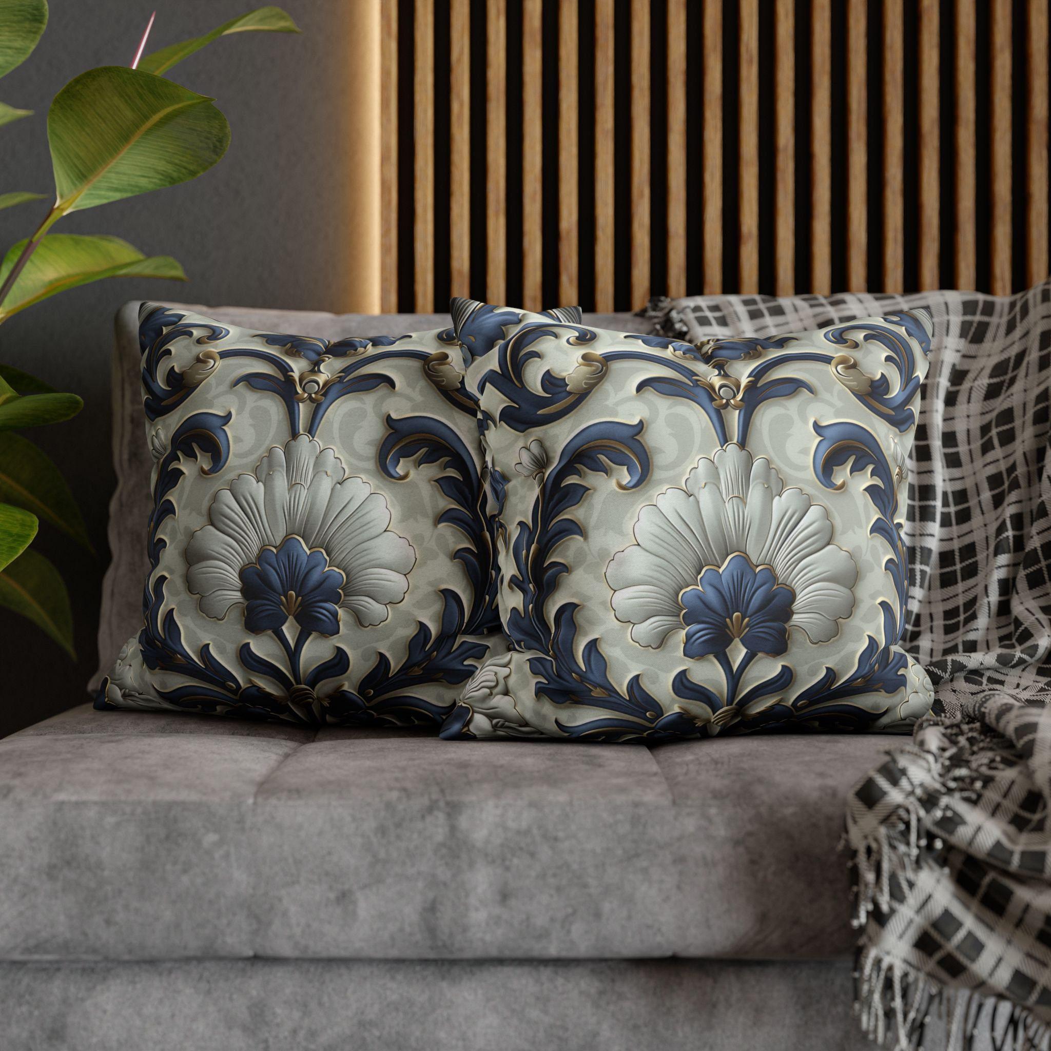 French Country Floral Pillow Cover, Blue White Gold Vintage Design
