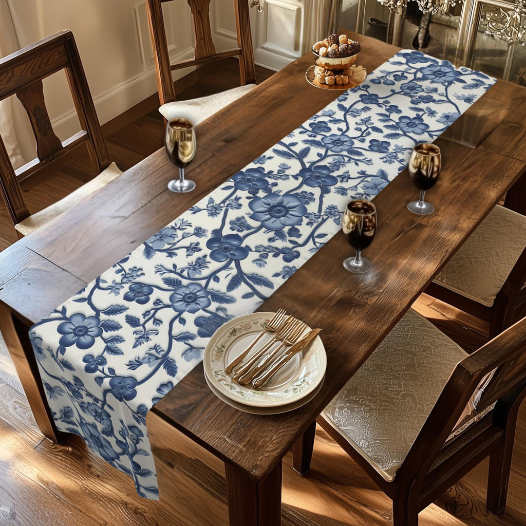 Elegant Chinoiserie Blue & White Table Runner: Traditional Pottery-Inspired Dining Decor
