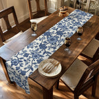 Elegant Chinoiserie Blue & White Table Runner: Traditional Pottery-Inspired Dining Decor