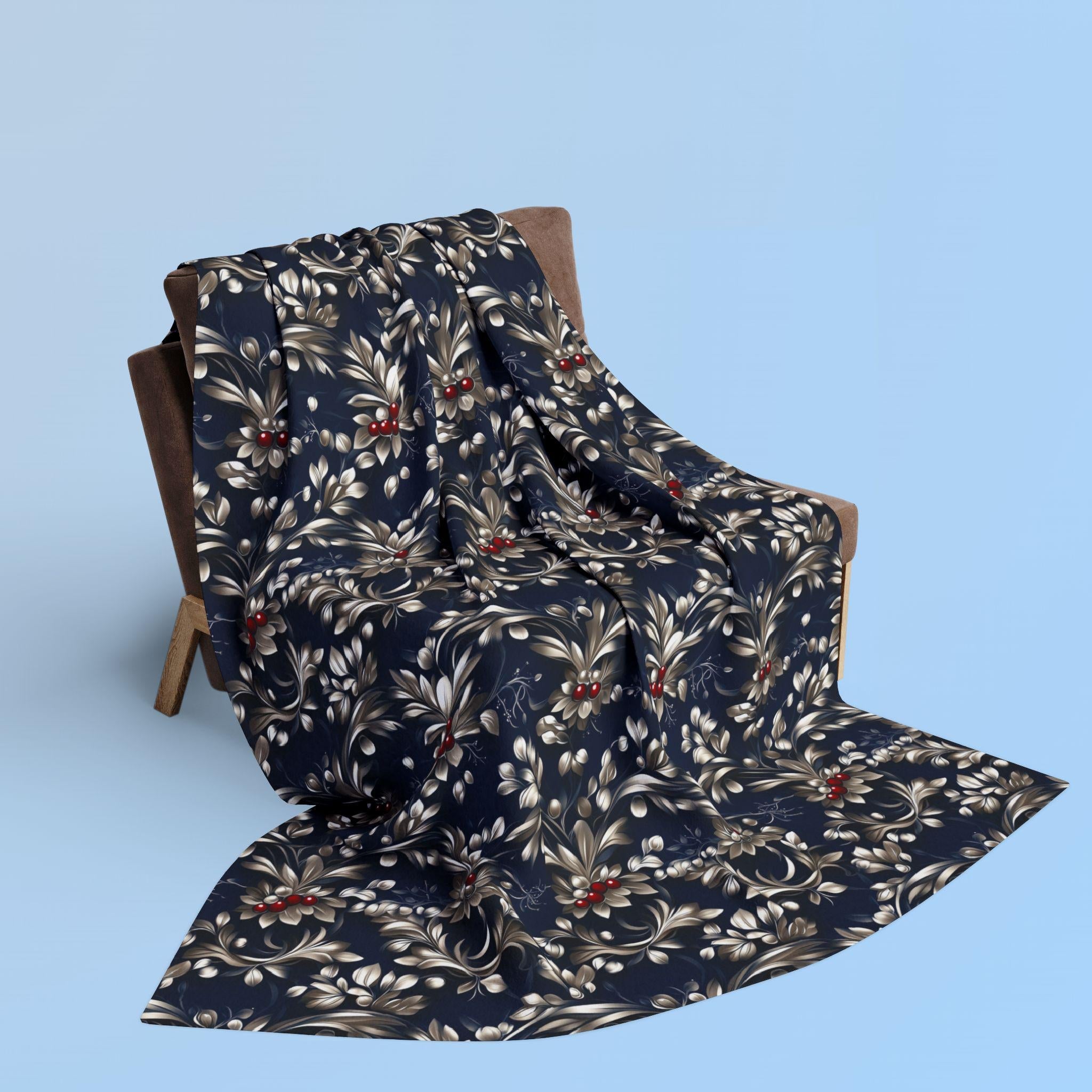 Blue & Silver Holly Fleece Blanket: Festive Christmas Decor