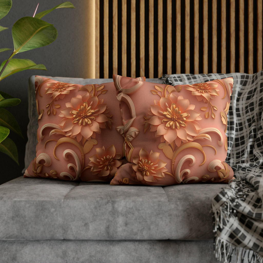 Peach Floral Rococo Pillow Cover: Gold Botanical Accent, Luxury Home Decor