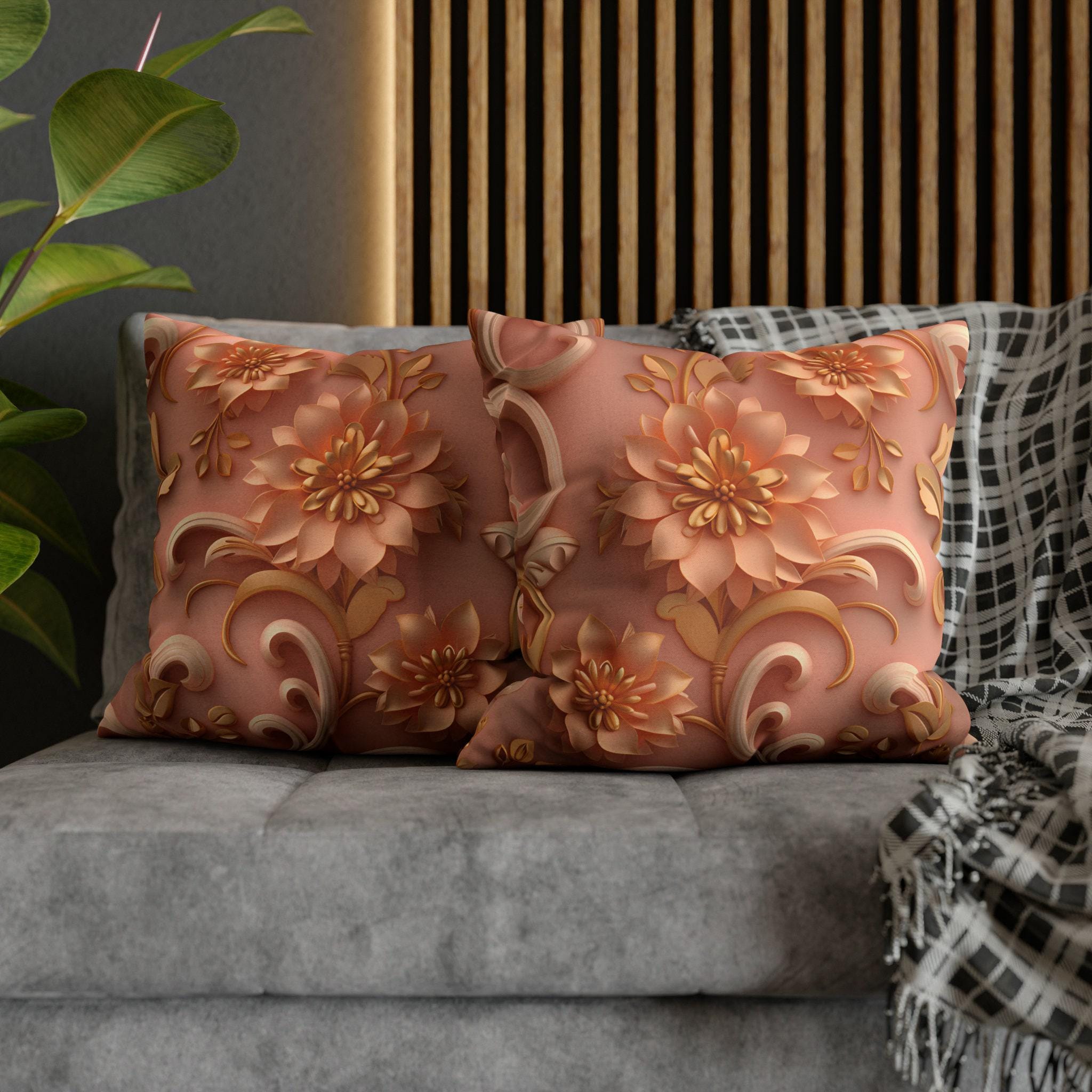 Peach Floral Rococo Pillow Cover: Gold Botanical Accent, Luxury Home Decor