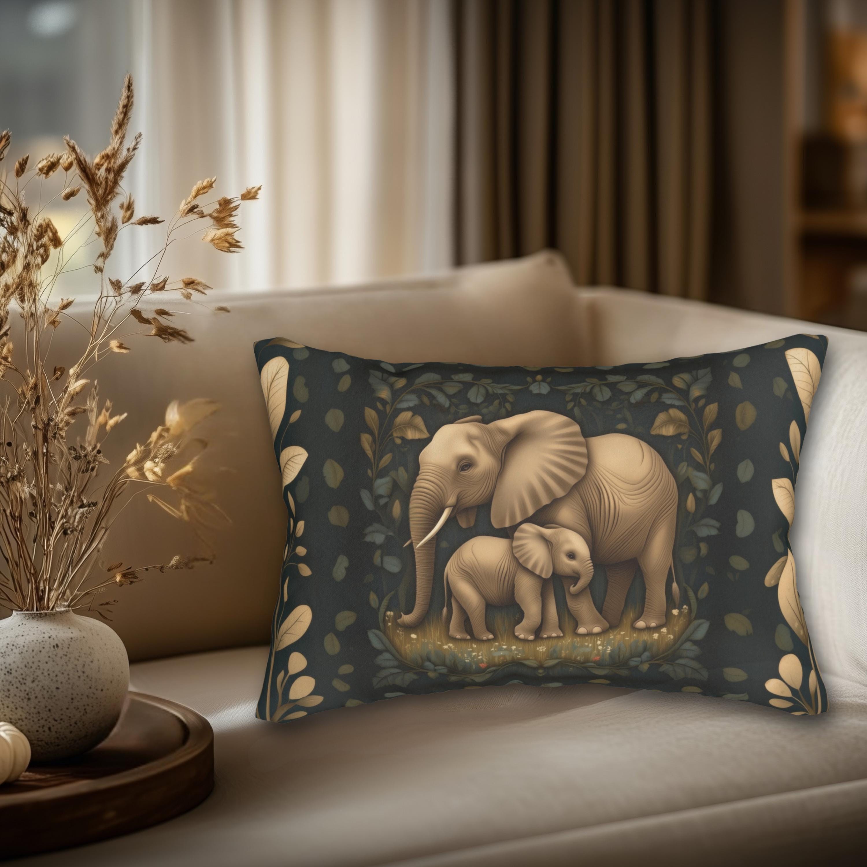 Elephant Lumbar Pillow: William Morris Botanical Jungle in Earth Tones