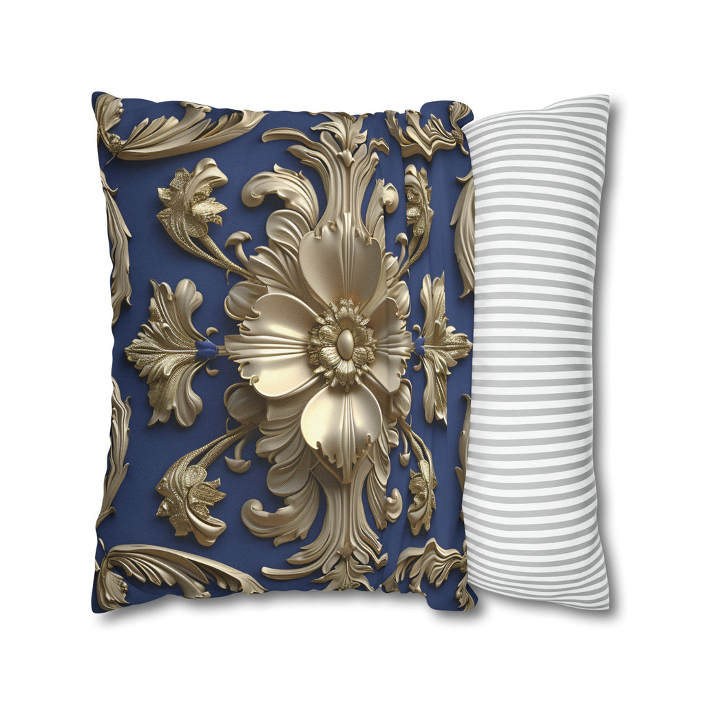 Luxurious Baroque Floral Pillow Cover: Deep Blue with Pale Gold Symmetrical Design