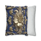 Luxurious Baroque Floral Pillow Cover: Deep Blue with Pale Gold Symmetrical Design