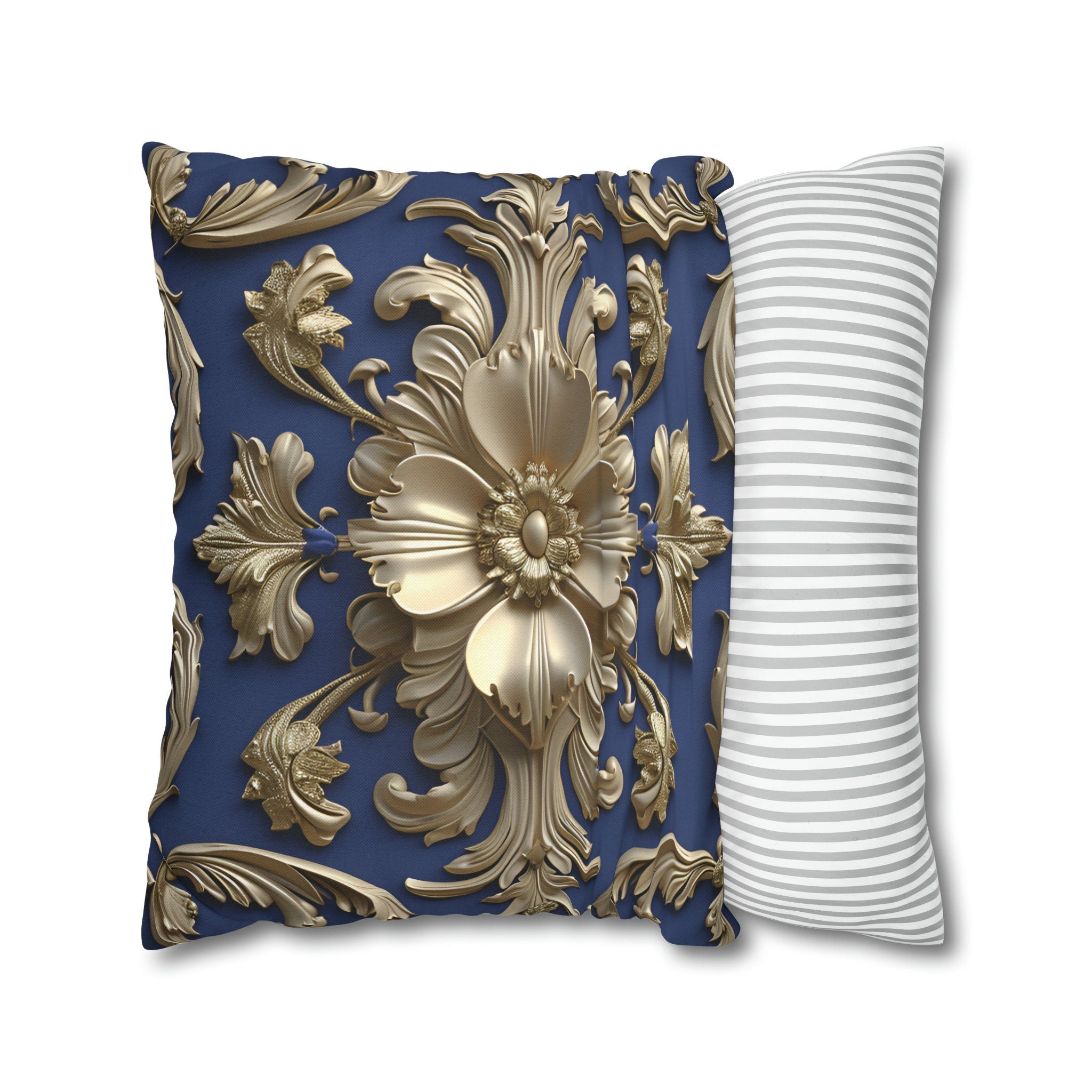 Luxurious Baroque Floral Pillow Cover: Deep Blue with Pale Gold Symmetrical Design