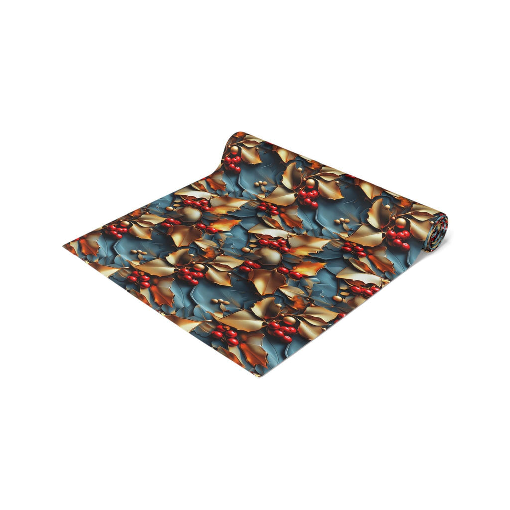 Christmas Holly Table Runner, Teal Red Berry Gold Leaf Design