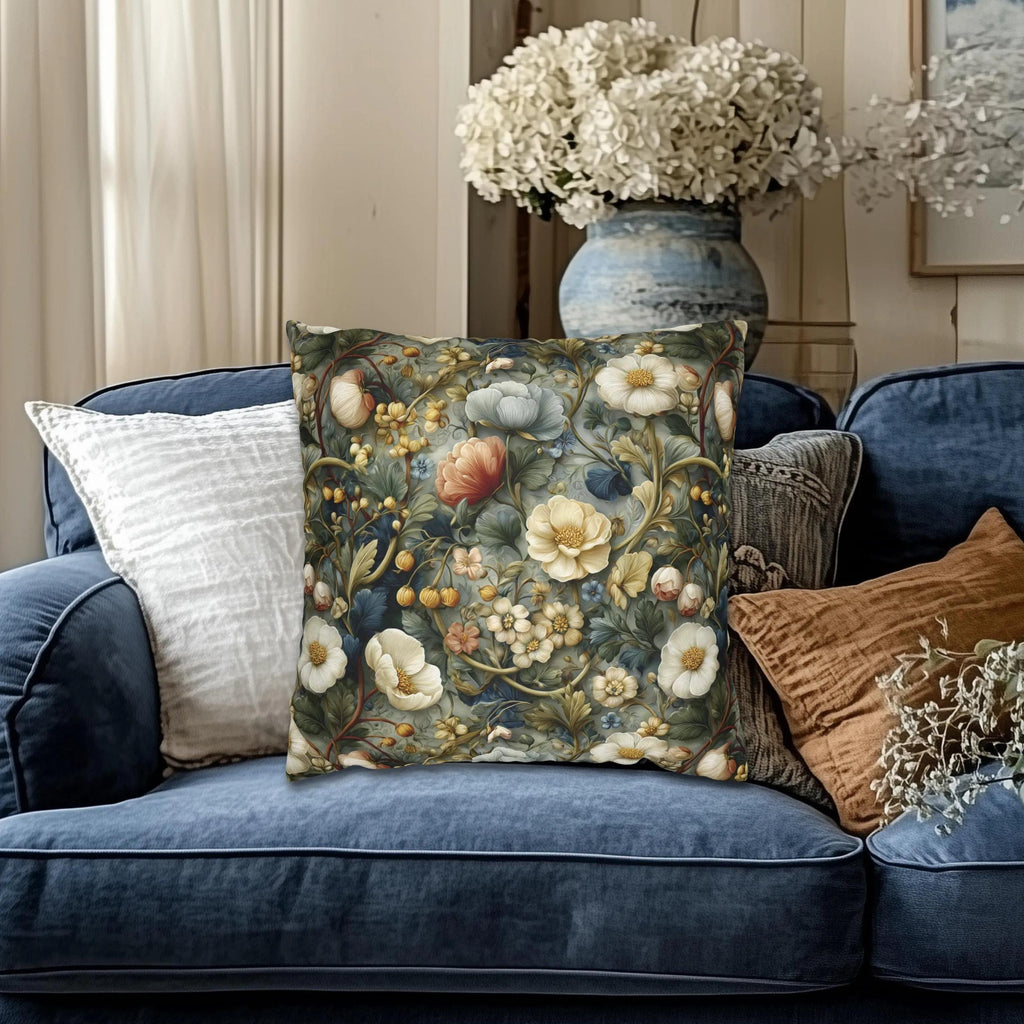 Vintage Style Meadow Garden Pillow Cover: Soft Sage Ivory & Lilac Botanical Floral