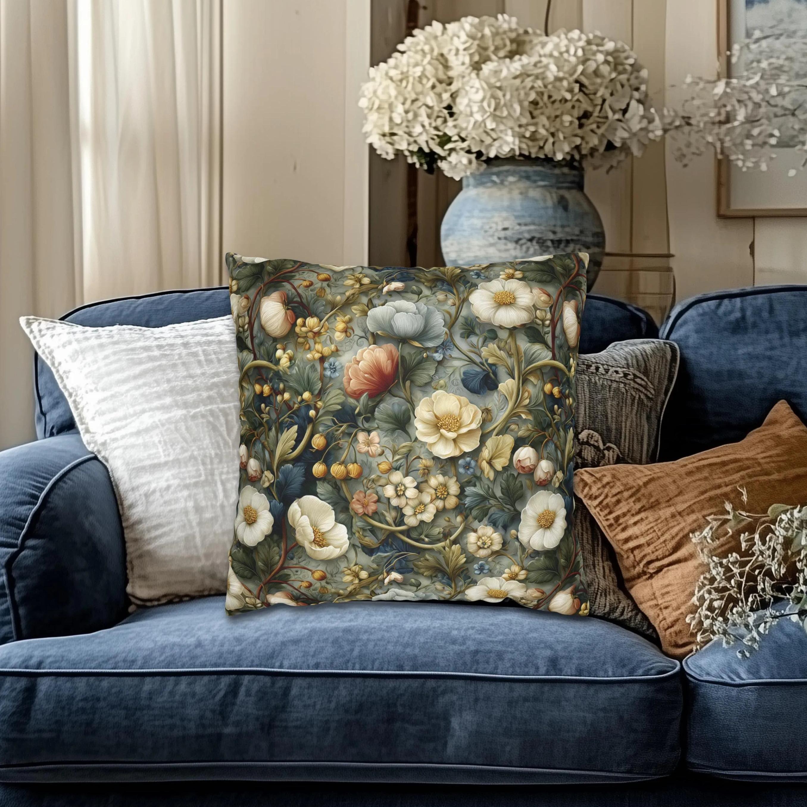 Vintage Style Meadow Garden Pillow Cover: Soft Sage Ivory & Lilac Botanical Floral