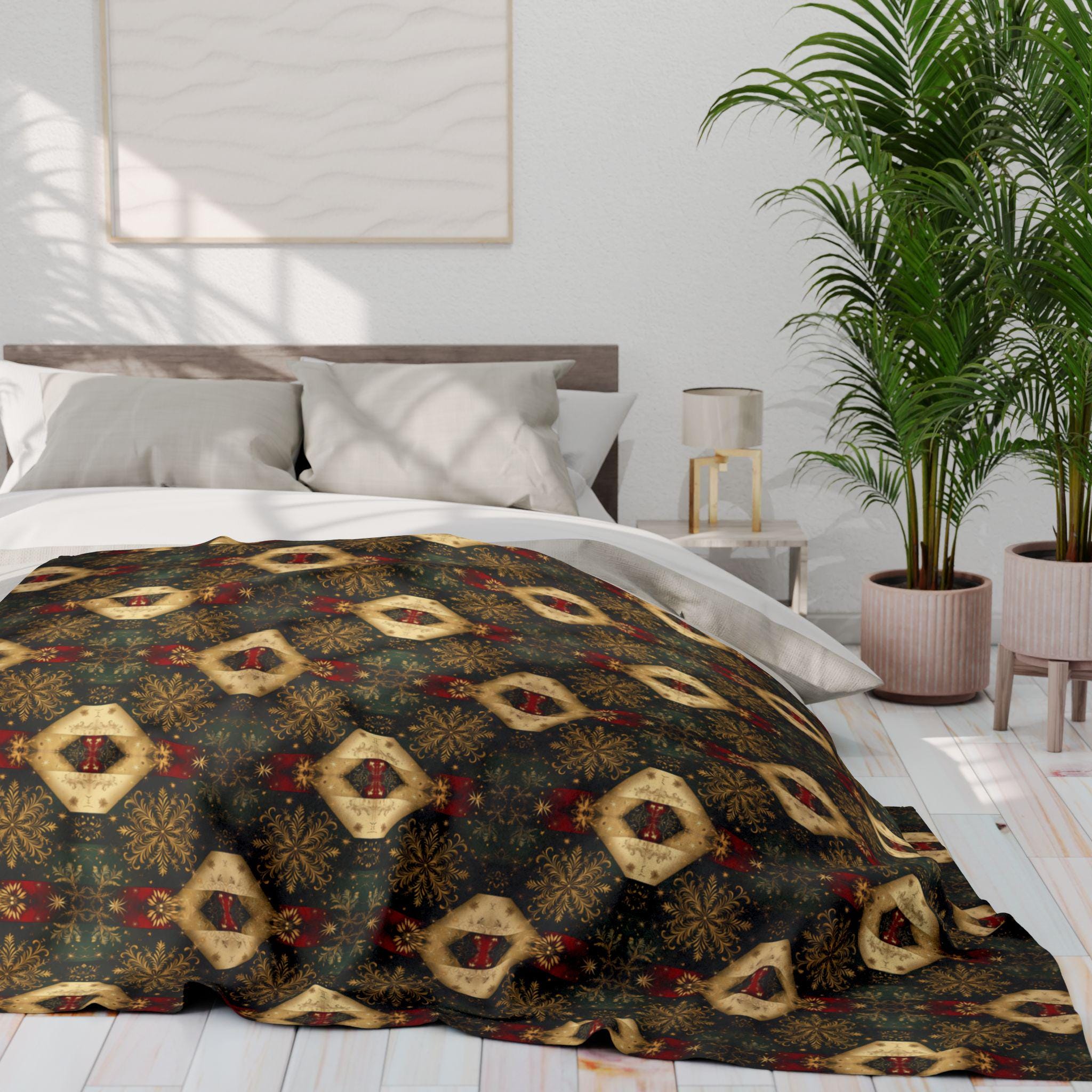 Elegant Christmas Arctic Fleece Throw Blanket - Gold Snowflakes on Green, Charcoal & Red
