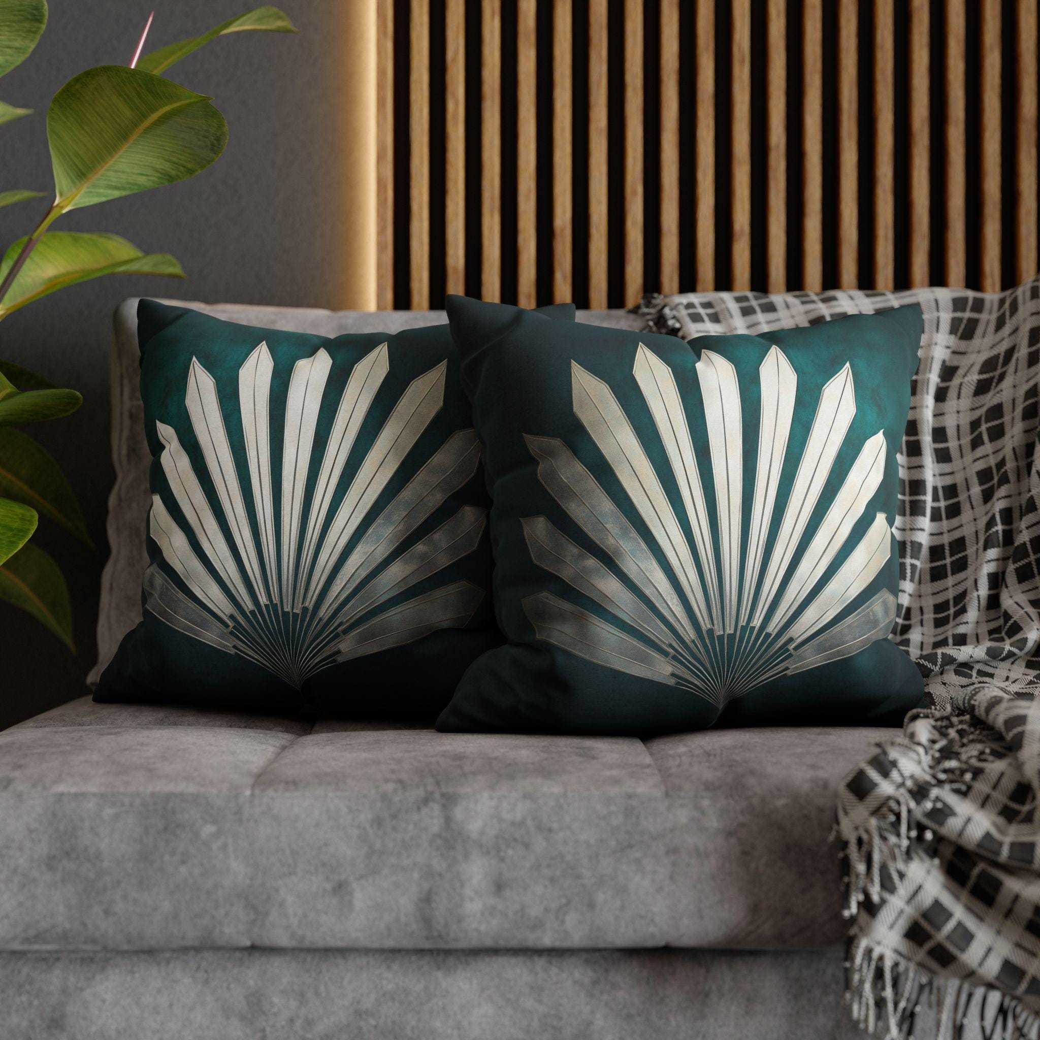 Art Deco Fanburst Pillow Cover: Teal & Silver Geometric Cushion for Vintage Glam Decor