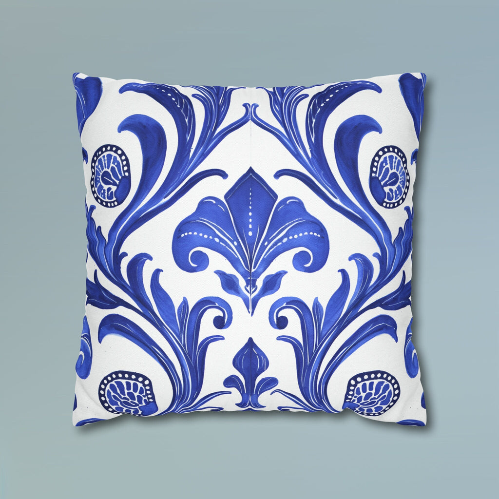 Blue Floral Art Nouveau Pillow Cover, Crisp White Decor