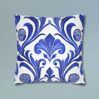 Blue Floral Art Nouveau Pillow Cover, Crisp White Decor