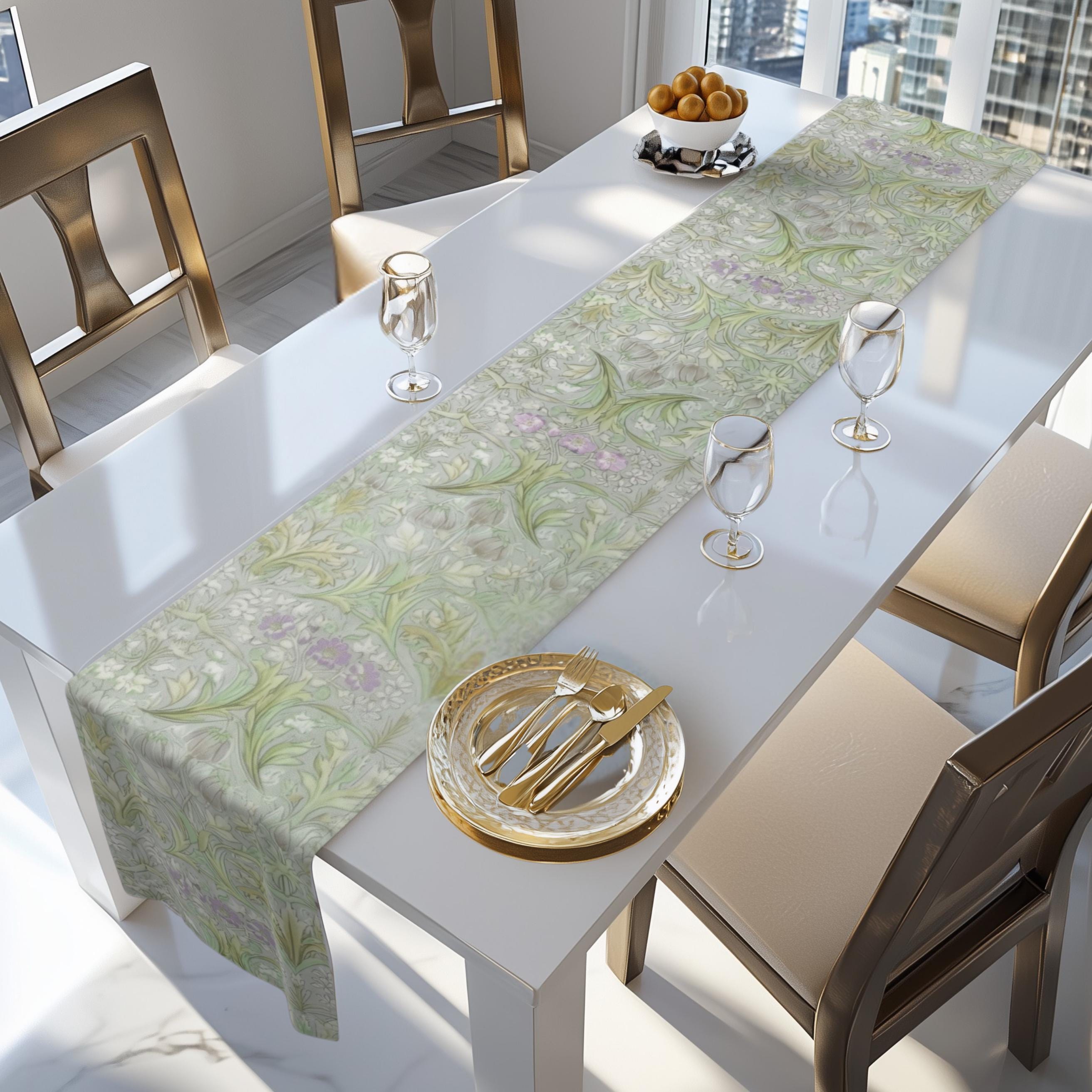 William Morris inspired Table Runner: Soft Sage Botanical with Muted Lavender