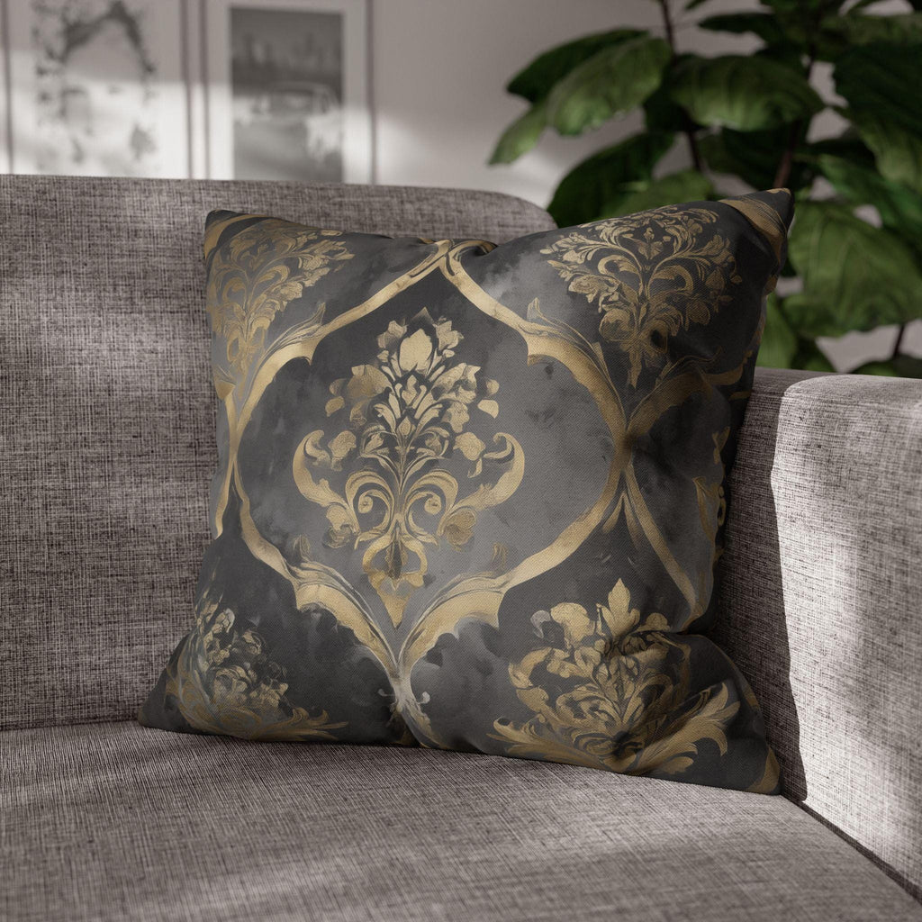 Luxurious Reversible Gold Damask Pillow Cover: Charcoal Gray Decorative Cushion for Elegant Home Decor
