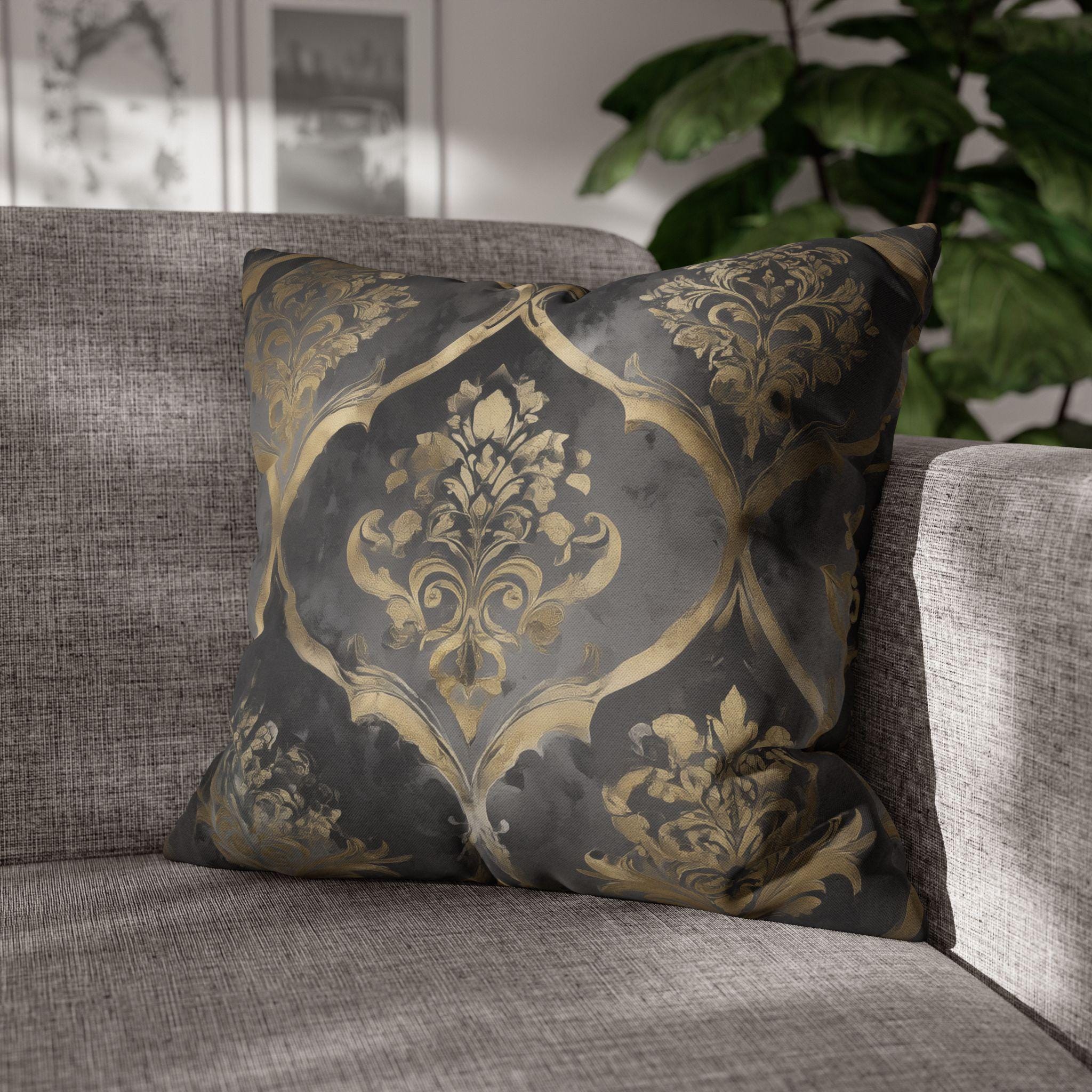 Luxurious Reversible Gold Damask Pillow Cover: Charcoal Gray Decorative Cushion for Elegant Home Decor