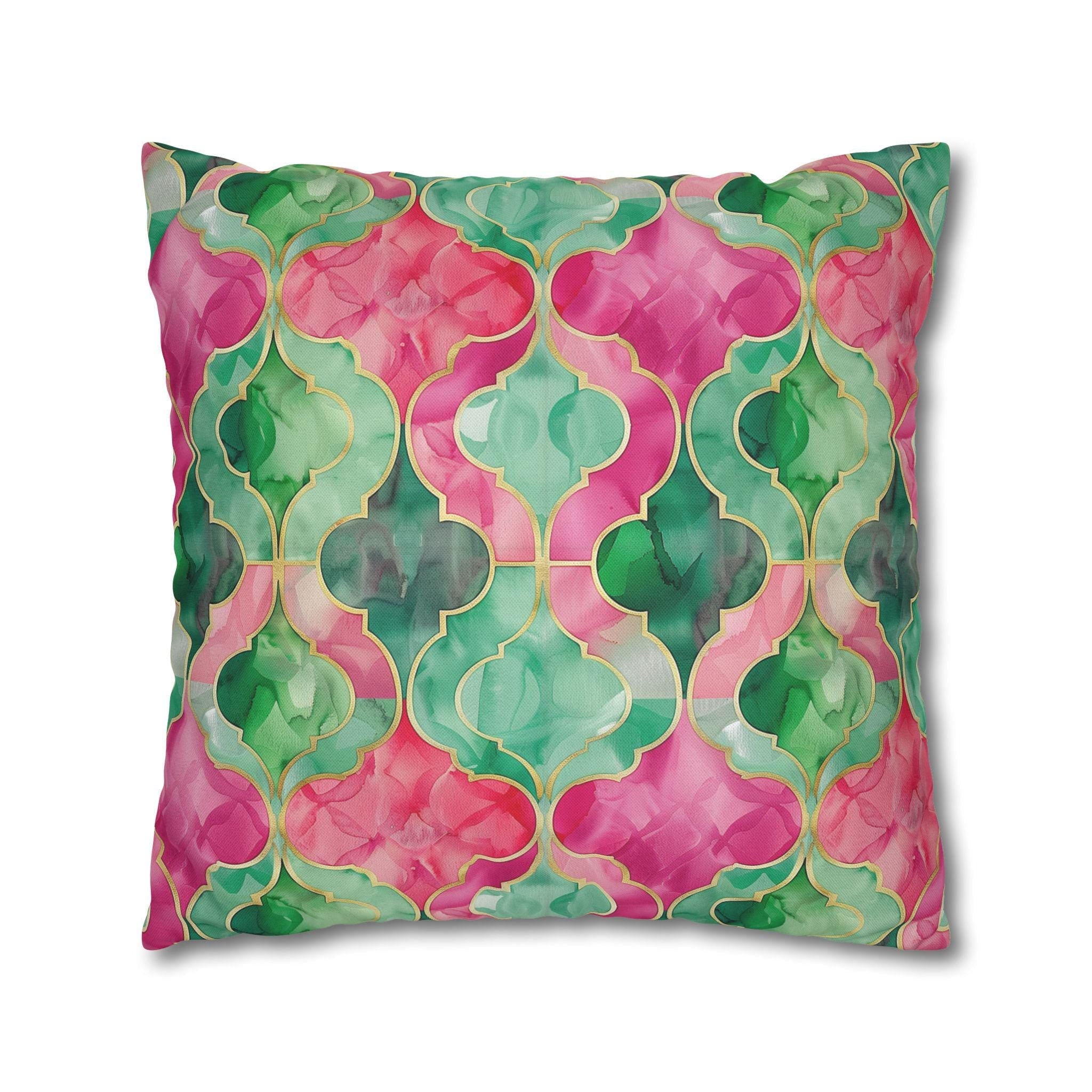 Moroccan Tile-Inspired Pillow Cover | Vibrant Pink & Green Watercolor Design | Elegant Home Decor