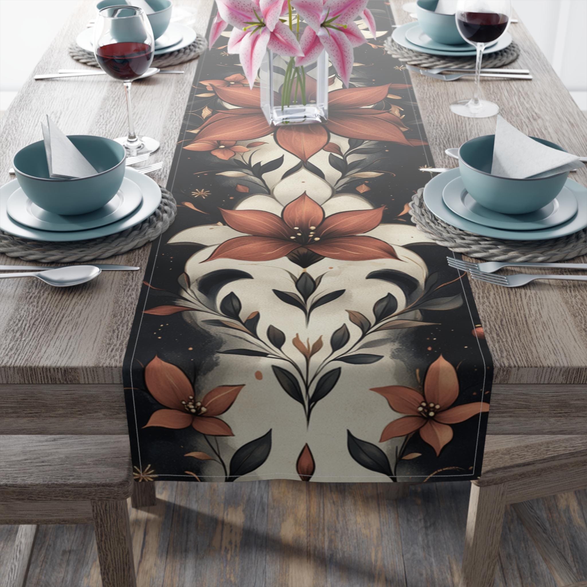 Fleur de Lis Poinsettia Table Runner: Festive Red & Navy Winter Decor