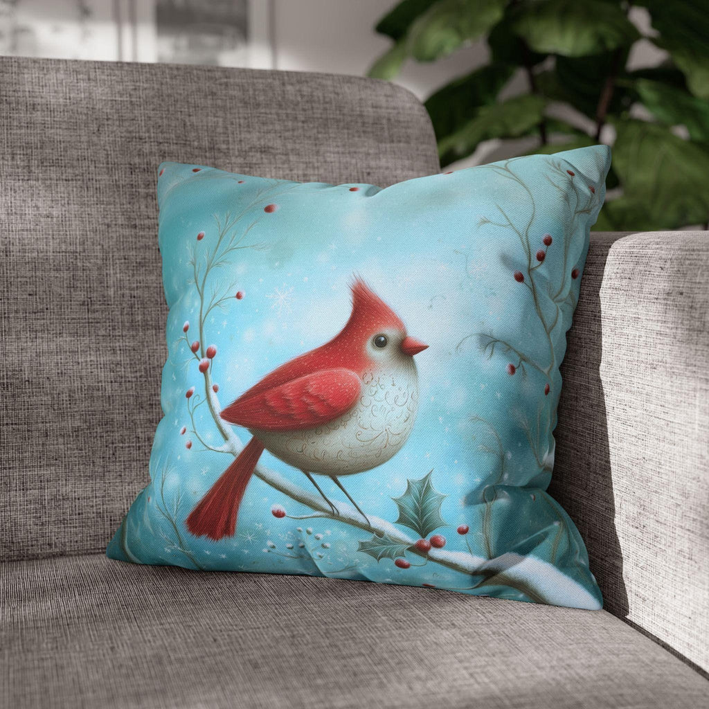 Winter Cardinal Throw Pillow Cover: Frosty Blue Holiday Bird Accent