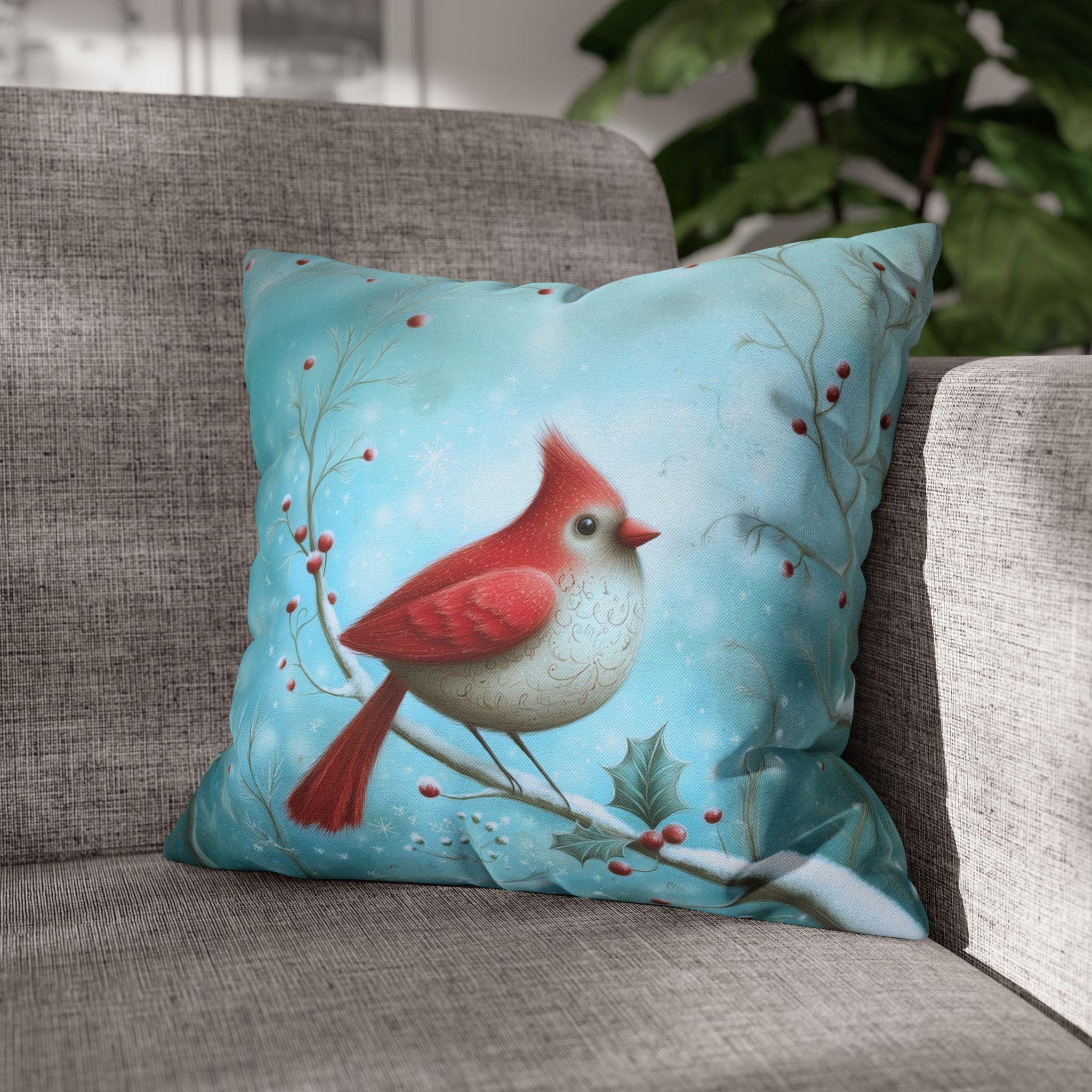 Winter Cardinal Throw Pillow Cover: Frosty Blue Holiday Bird Accent