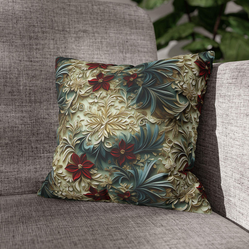 Luxurious Poinsettia Floral Pillow Cover: Elegant Red, Gold & Green Holiday Home Decor Accent