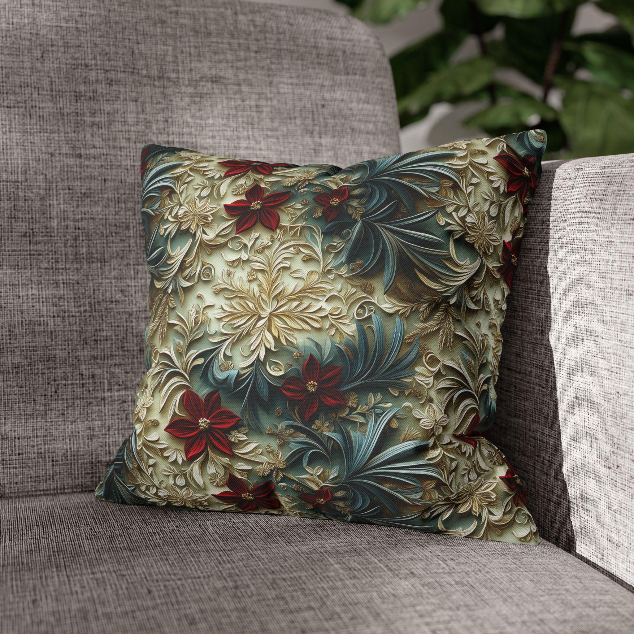 Luxurious Poinsettia Floral Pillow Cover: Elegant Red, Gold & Green Holiday Home Decor Accent