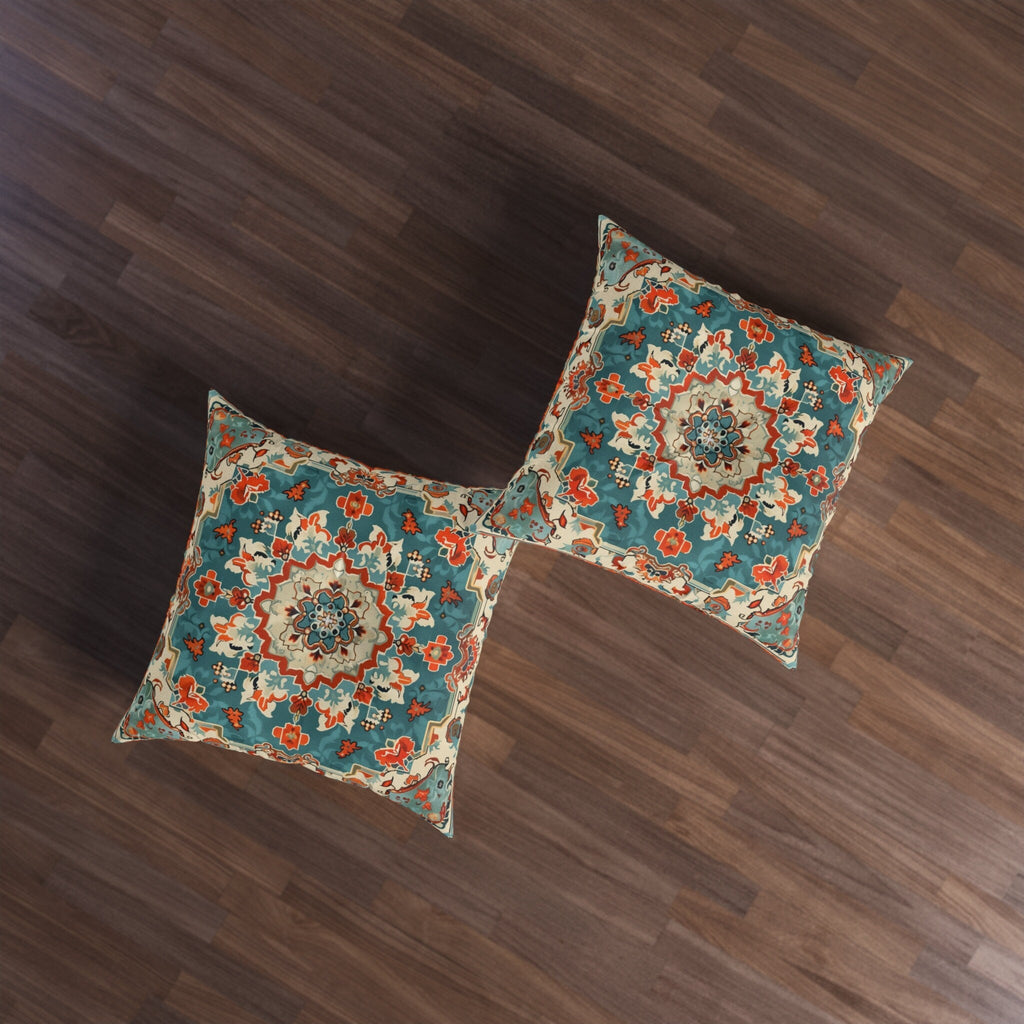 Turkish Kilim-Inspired Tufted Floor Cushion: Vibrant Teal & Coral Medallion Design for Bohemian Seating