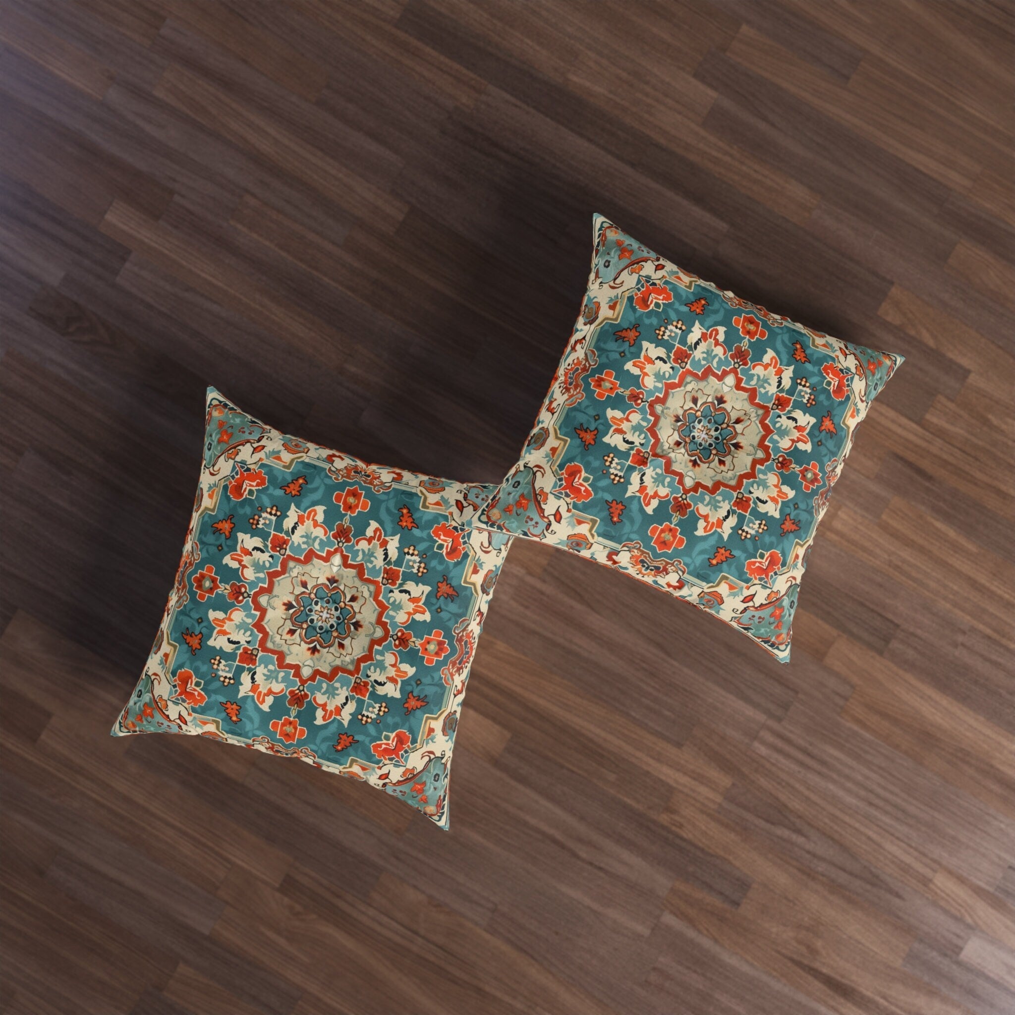Turkish Kilim-Inspired Tufted Floor Cushion: Vibrant Teal & Coral Medallion Design for Bohemian Seating