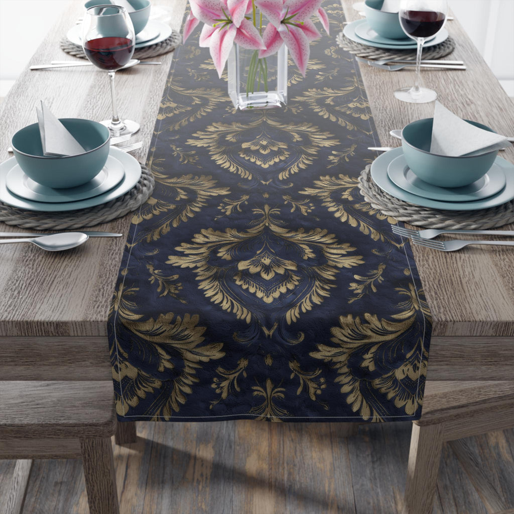 Royal Blue & Gold Damask Table Runner: Faux Brocade Holiday Accent