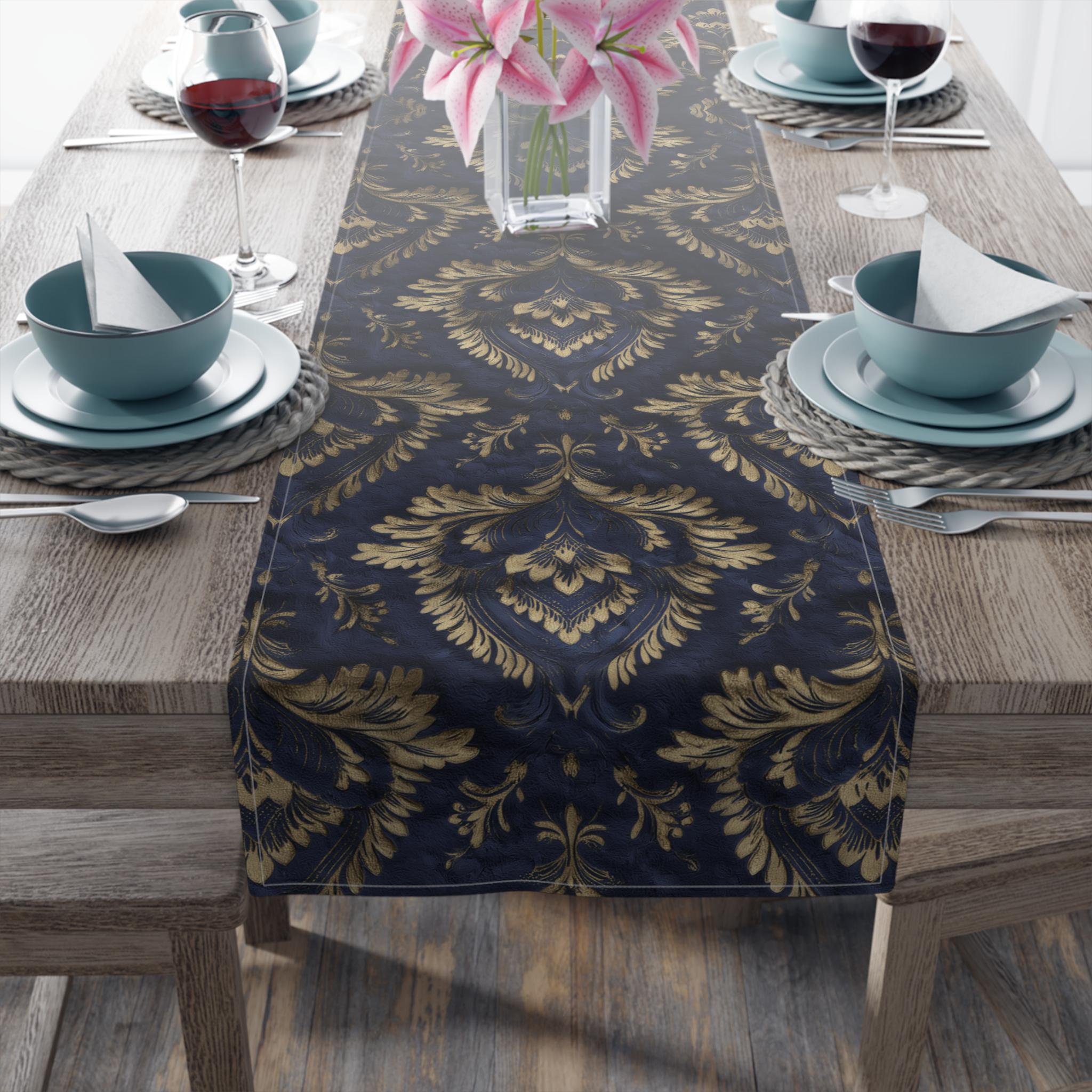 Royal Blue & Gold Damask Table Runner: Faux Brocade Holiday Accent
