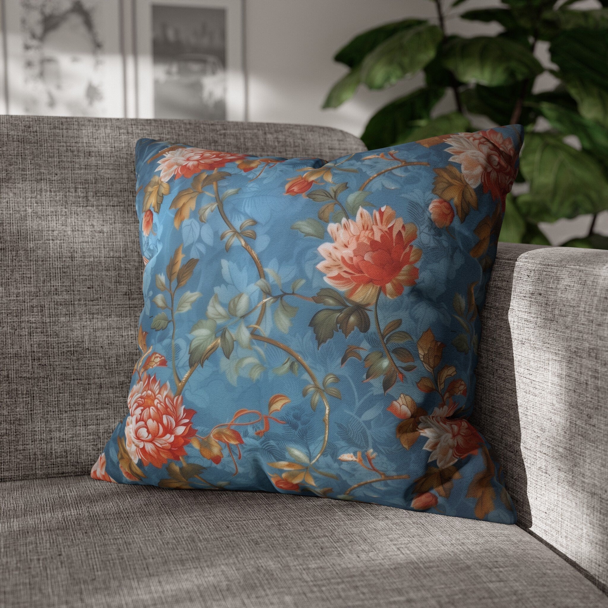 Chinoiserie Pillow Cover: Vintage Inspired Floral Peonies on Blue