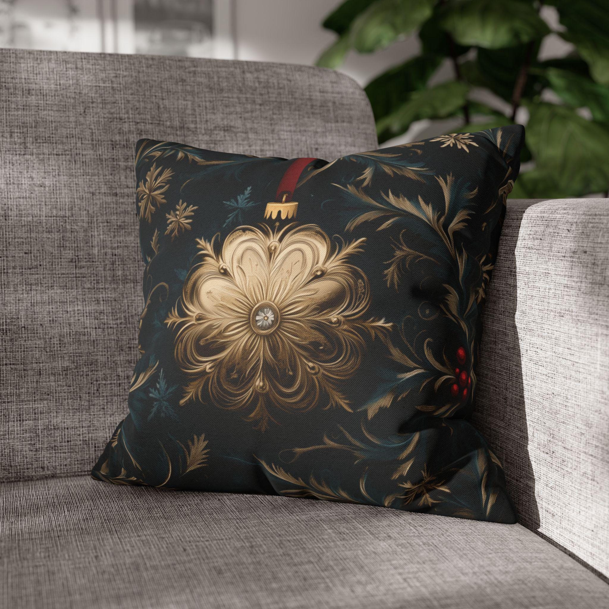 Elegant Navy & Gold Christmas Pillow Cover with Red Berries